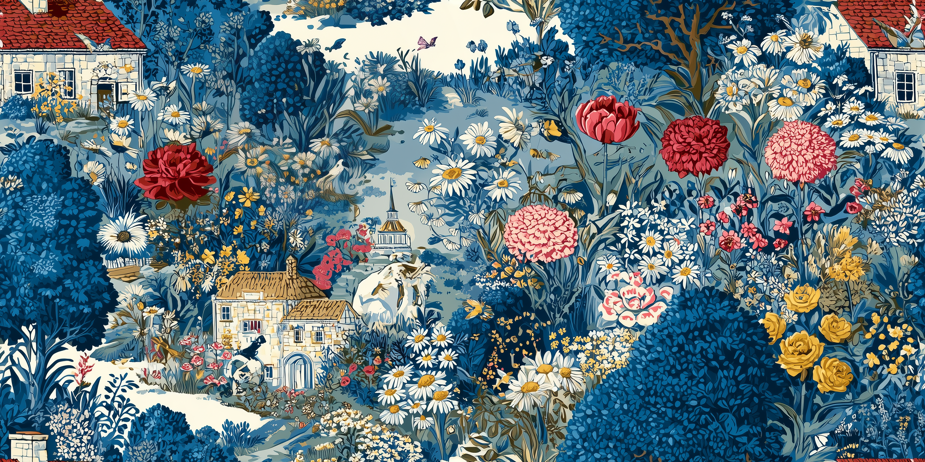 Folk art-style illustration of a garden with flowers, houses, and animals.