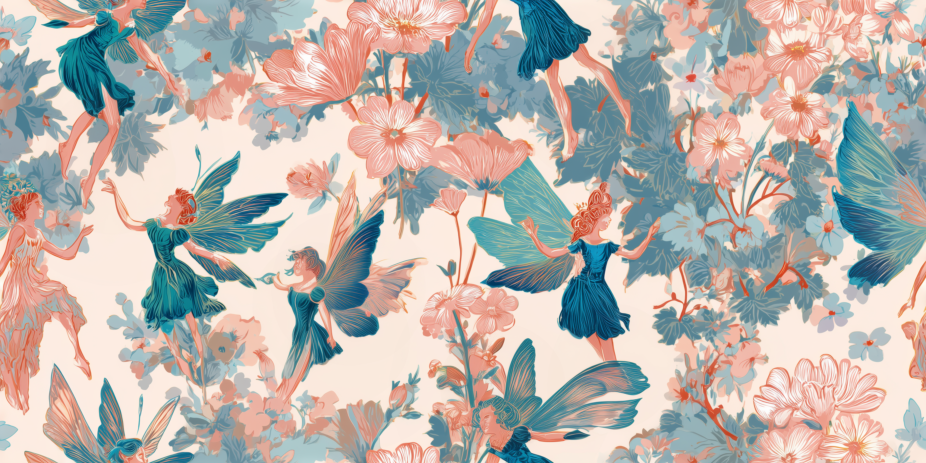 Pattern of fairies and flowers with a pastel color palette.