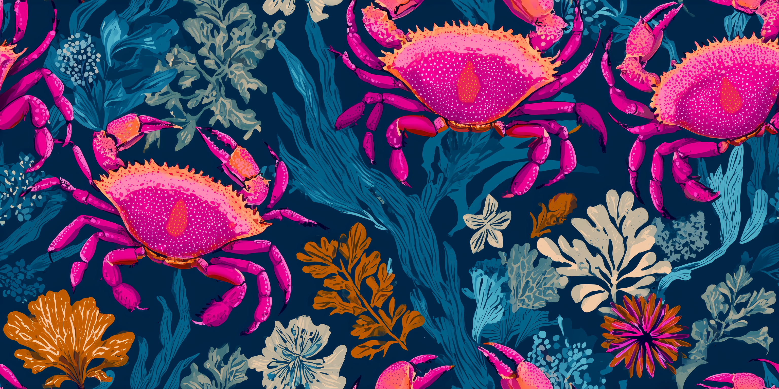 Colorful crabs and sea plants on a dark blue background