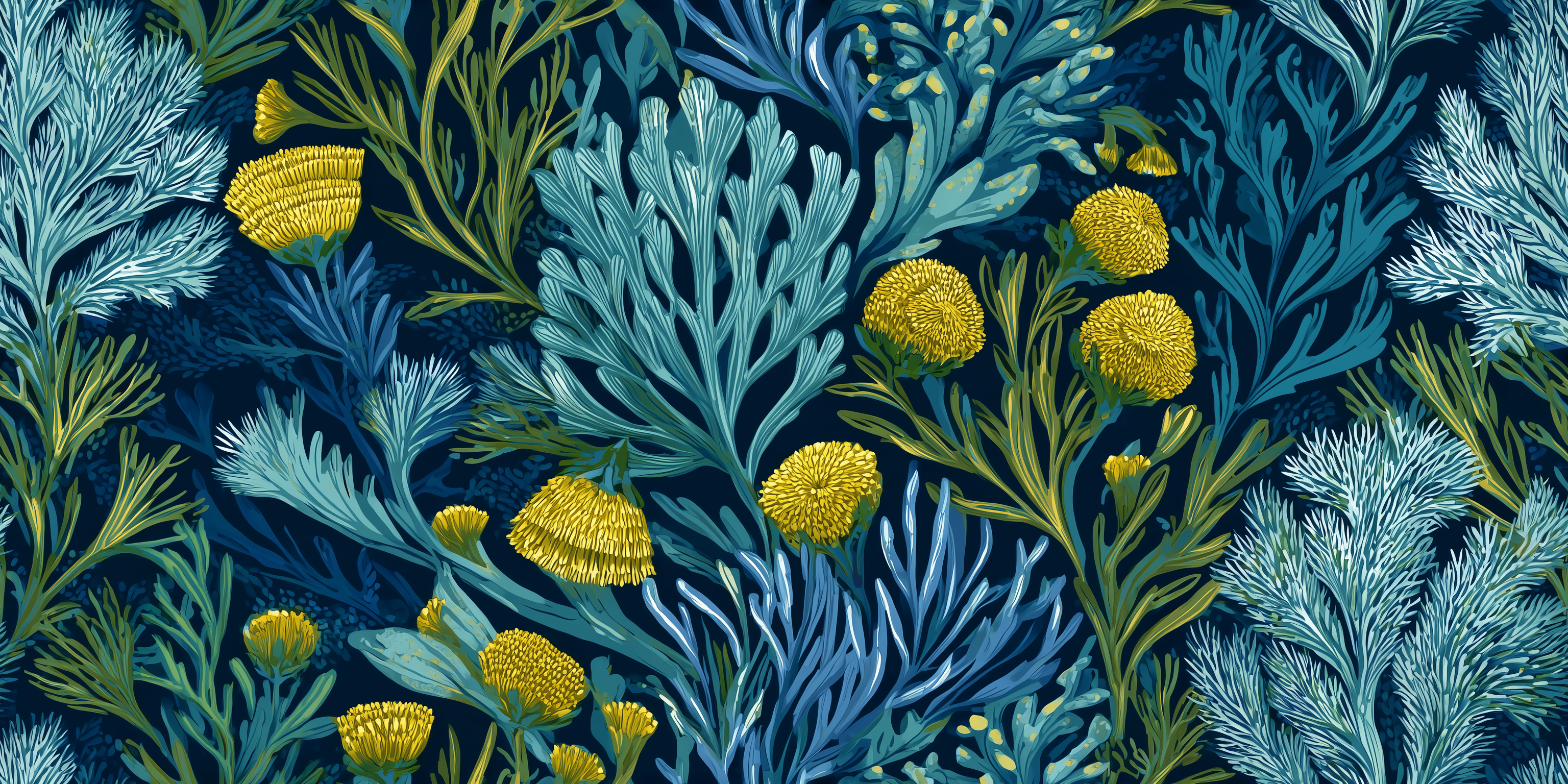 Pattern of blue and green seaweed with yellow flowers on a dark blue background