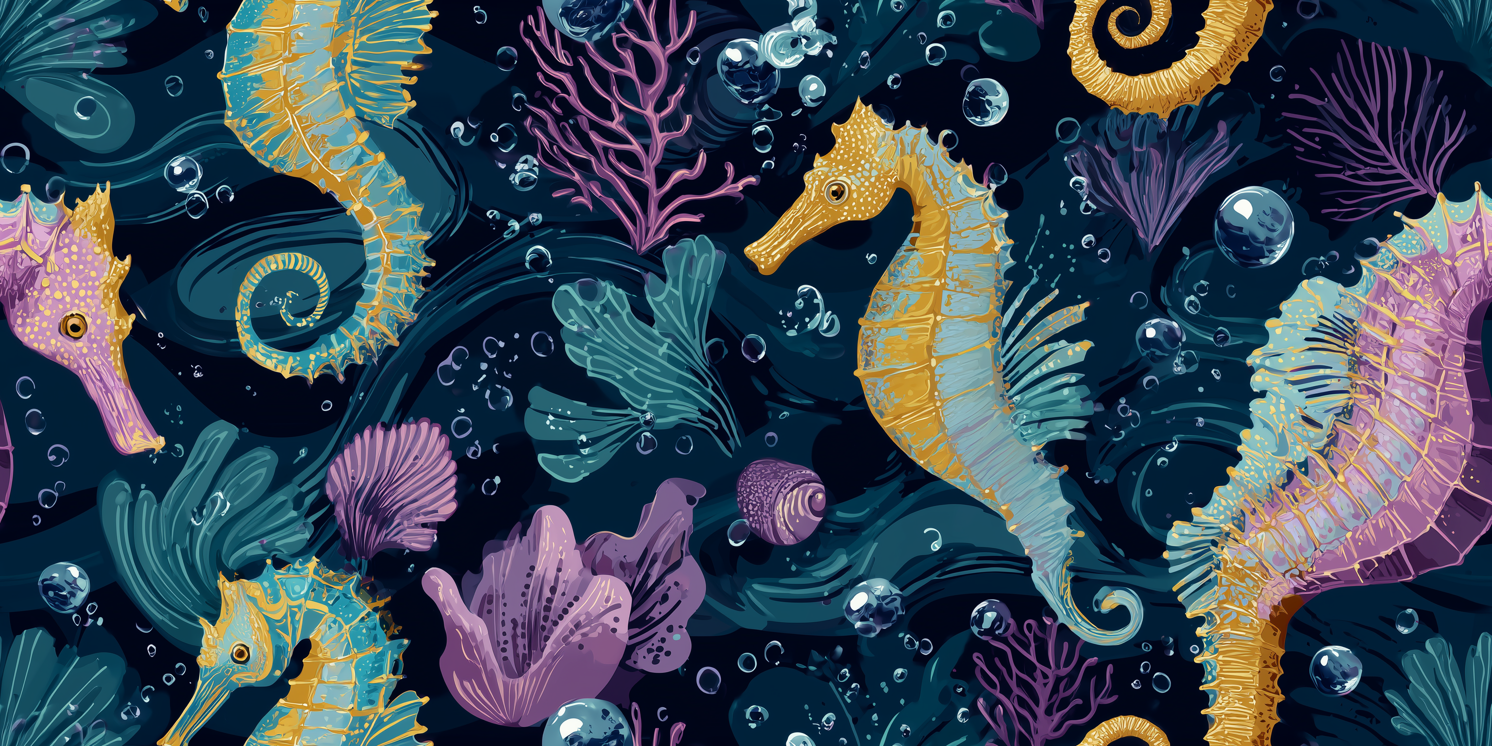 Pattern of colorful seahorses and sea plants on a dark blue background