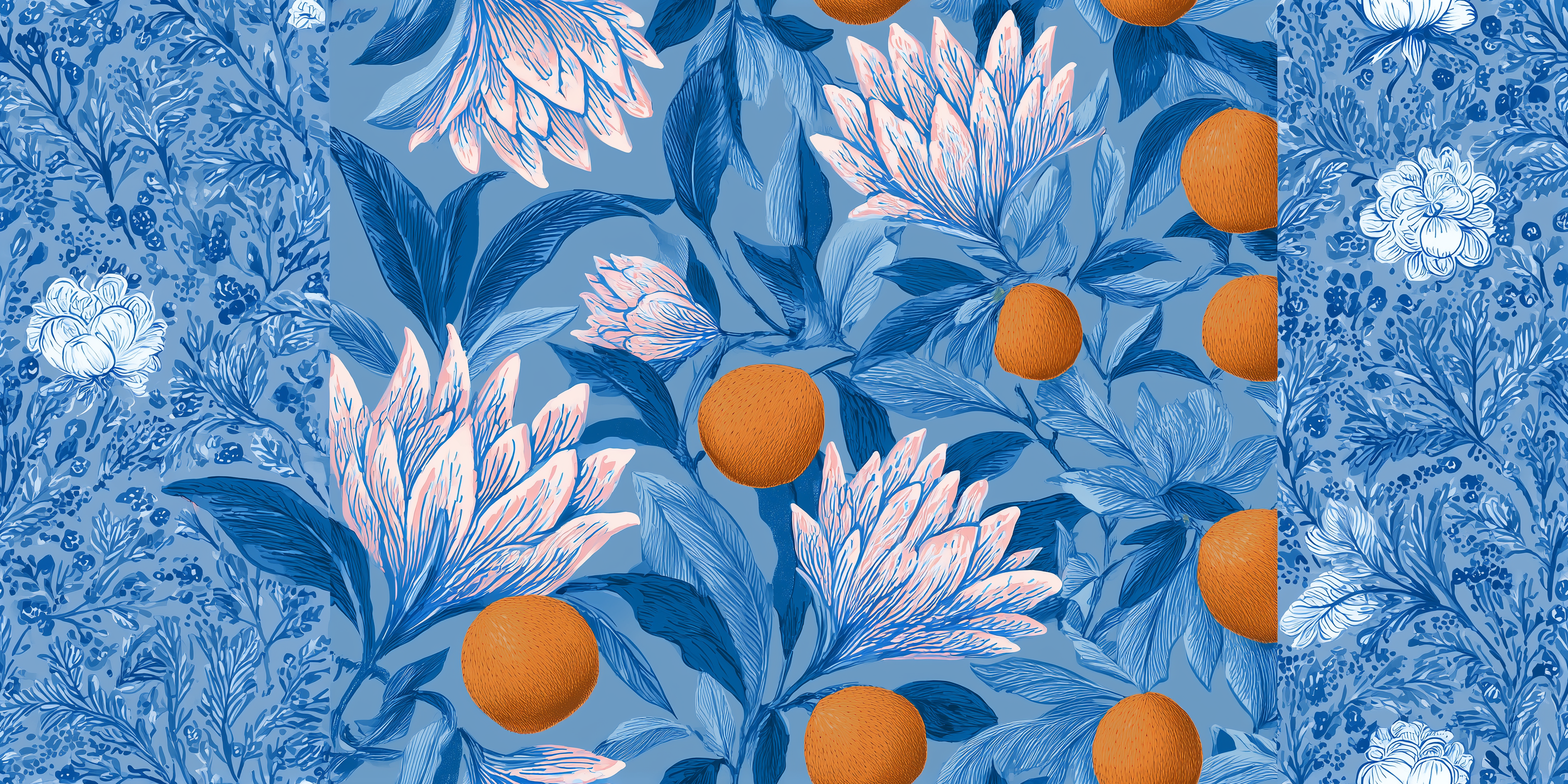 Patterned fabric with blue floral design and orange fruits on a blue background