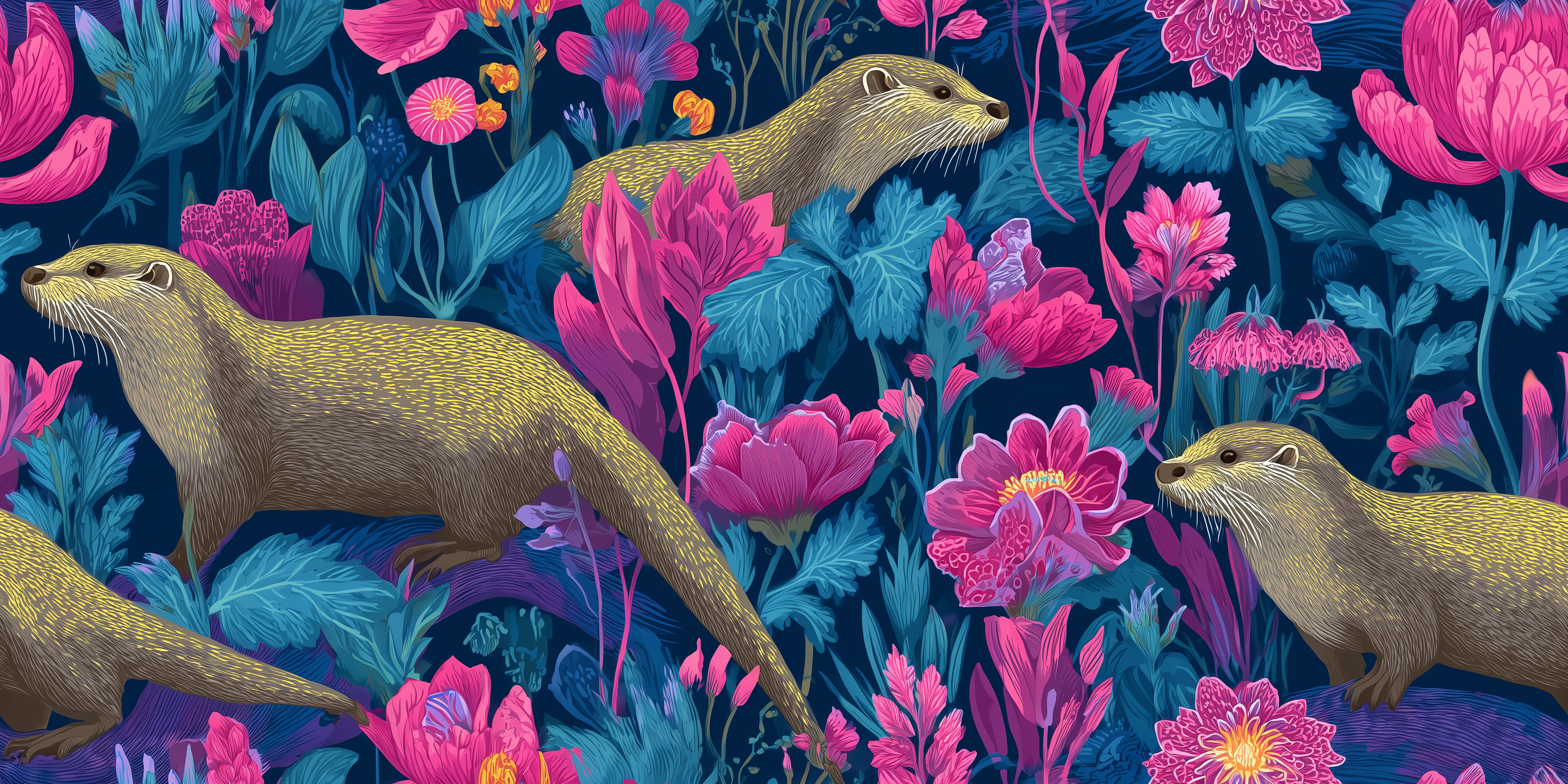 Illustration of otters among colorful flowers on a dark blue background