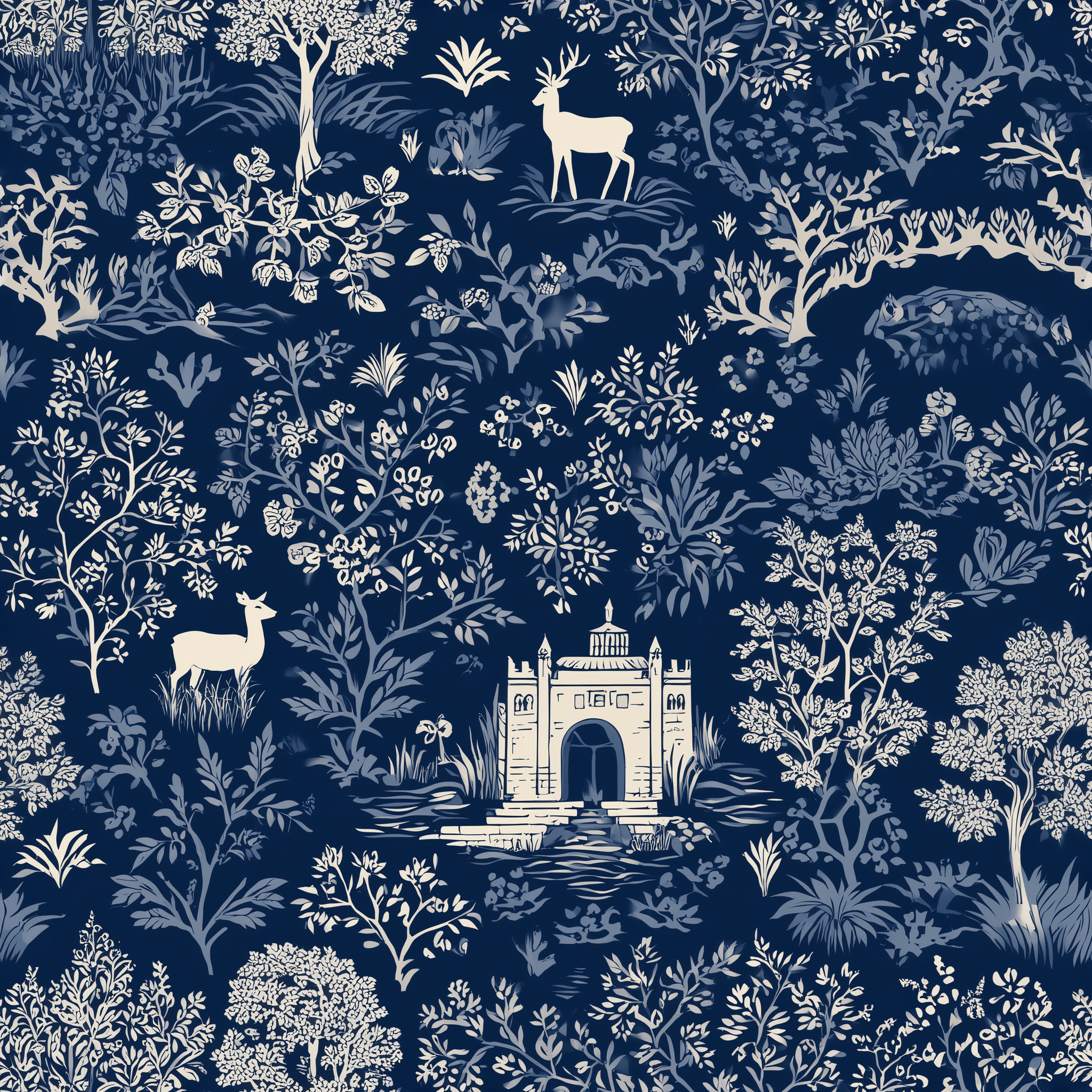 Pattern with deer, trees, and a building on a blue background