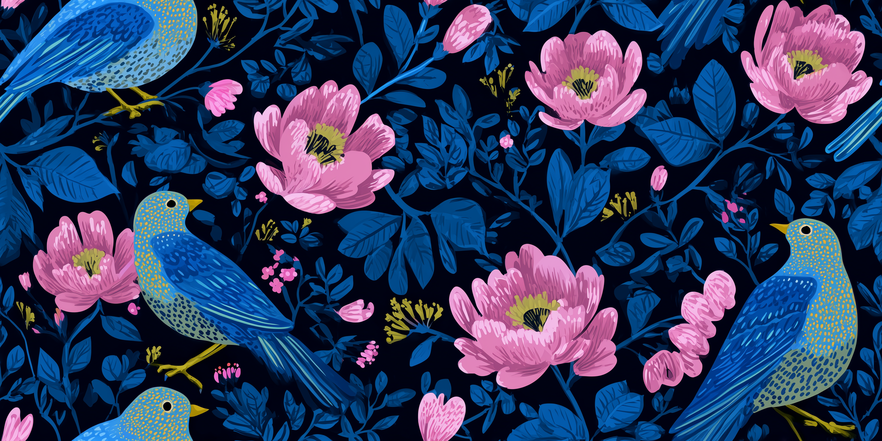 Pattern of pink flowers and blue birds on a dark background