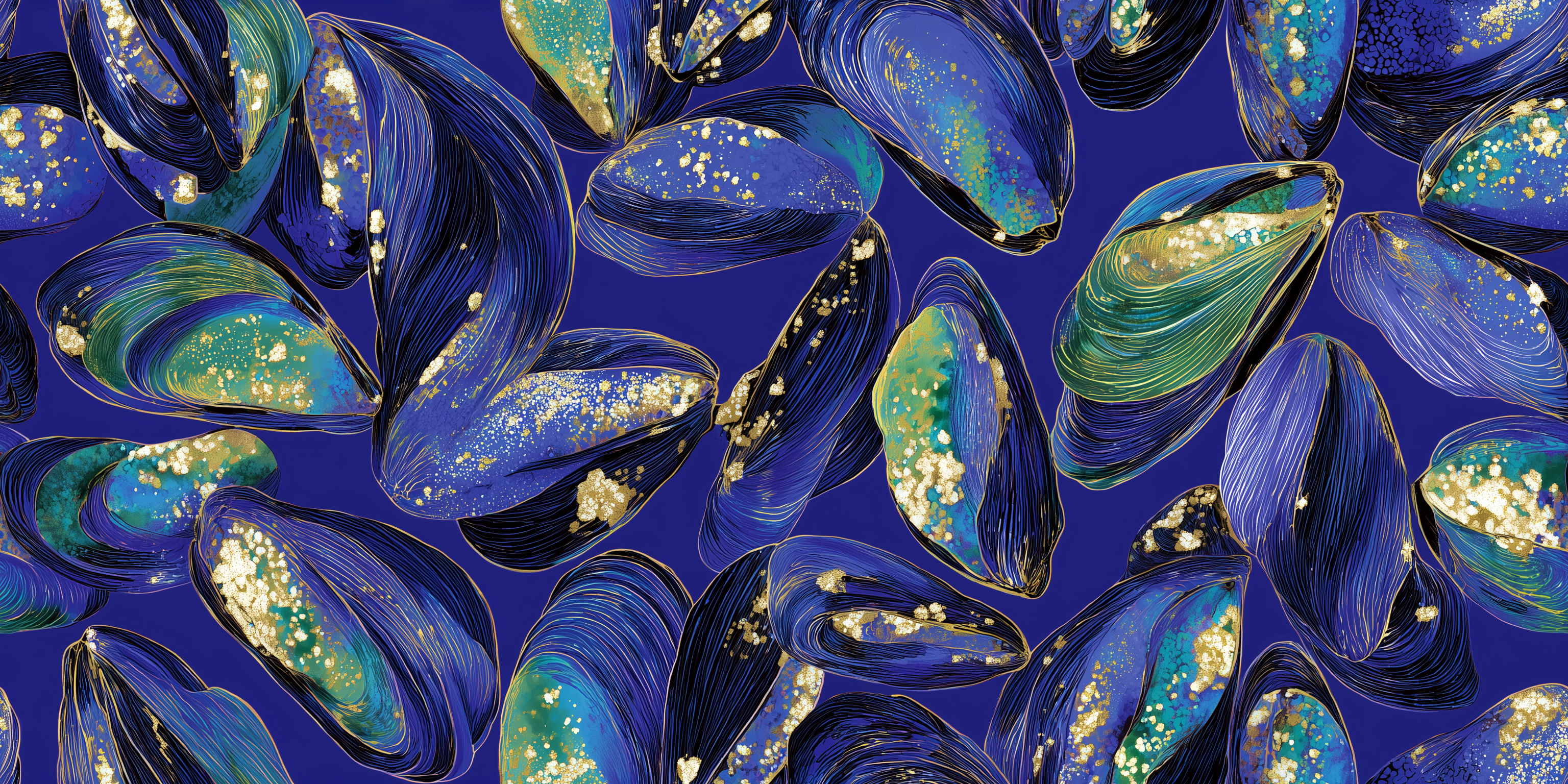 Pattern of blue and green mussel shells on a blue background