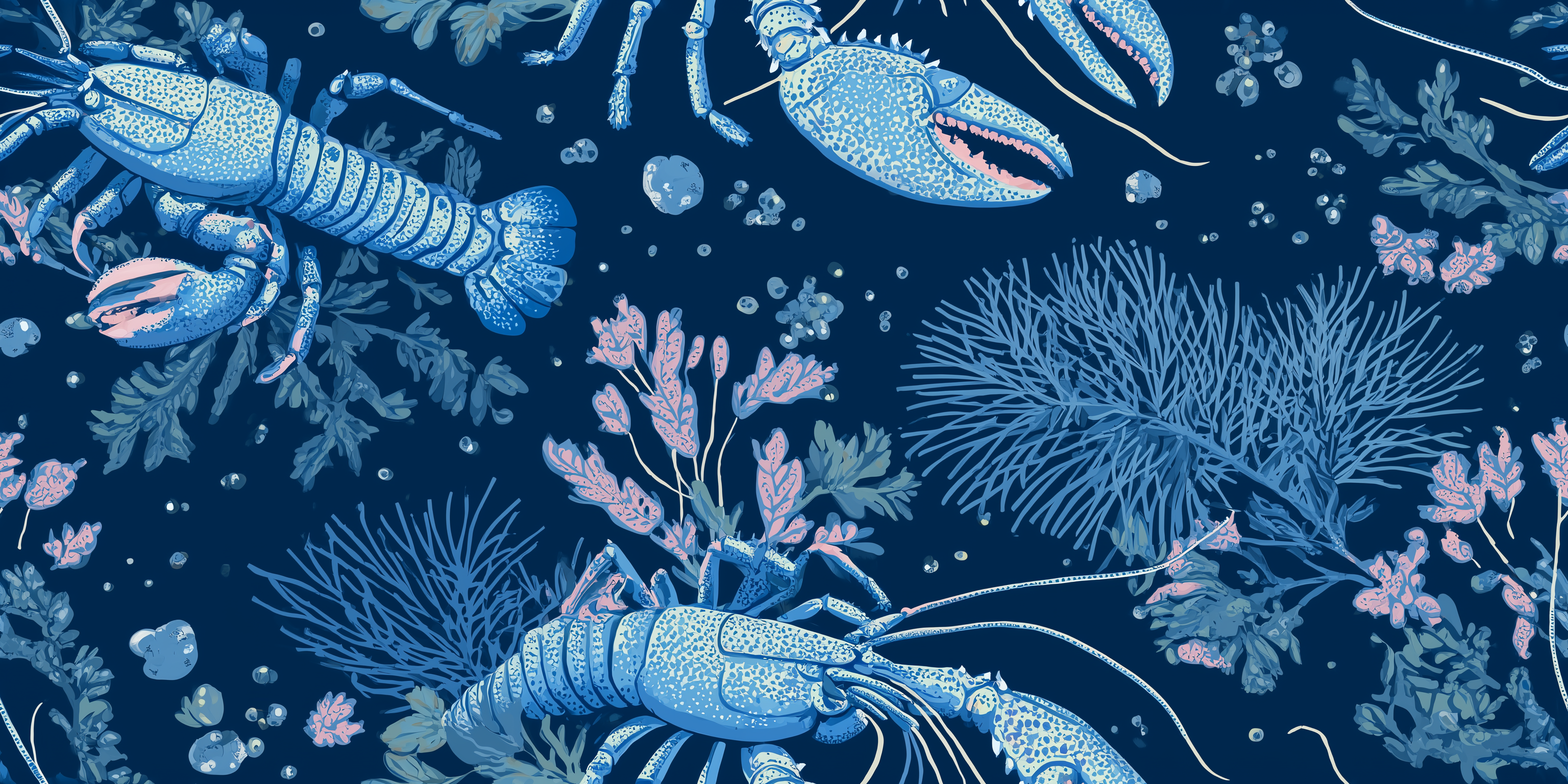 Illustration of lobsters and seaweed on a dark blue background