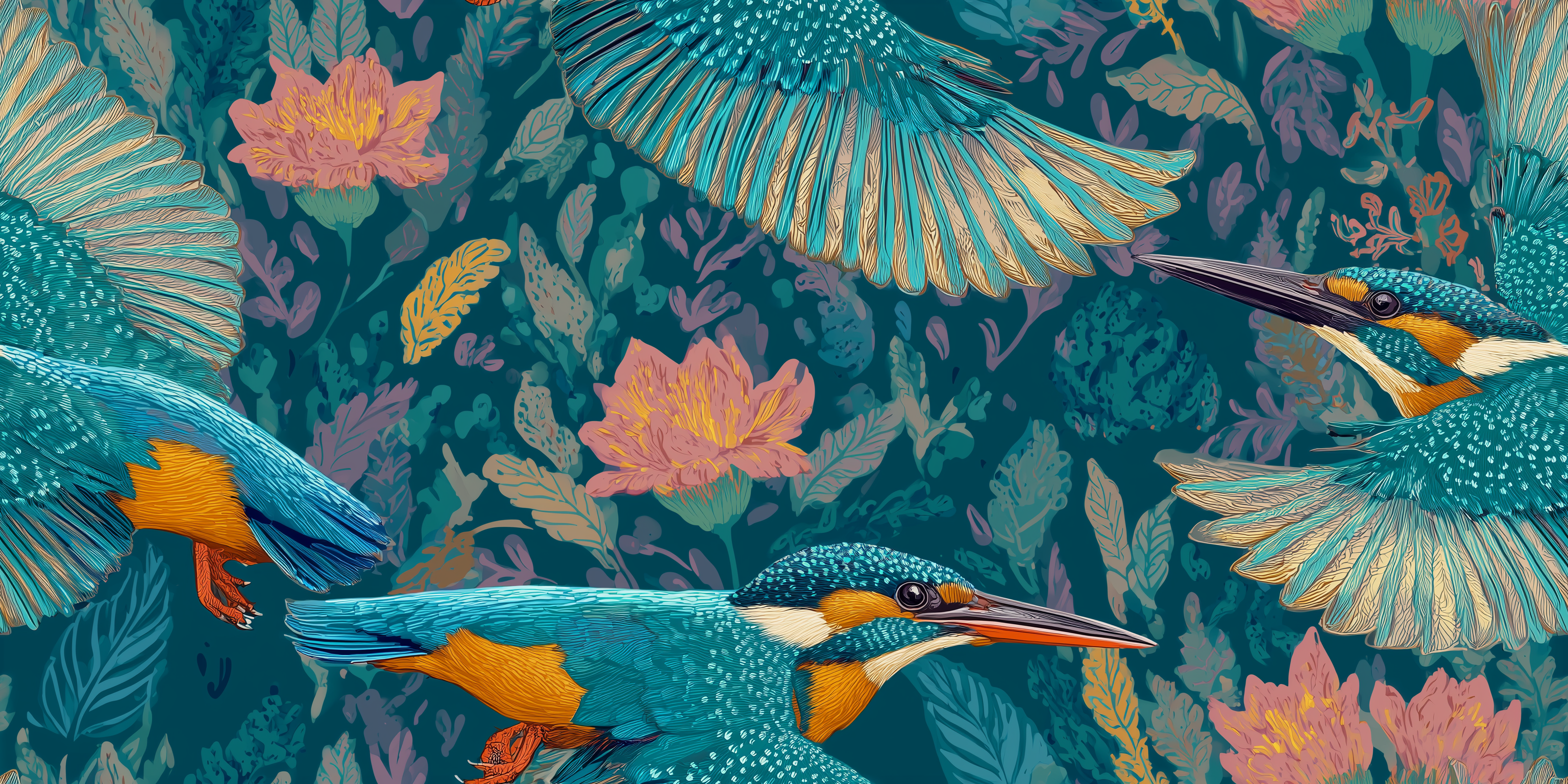 Colorful illustration of kingfishers and floral patterns on a dark blue background