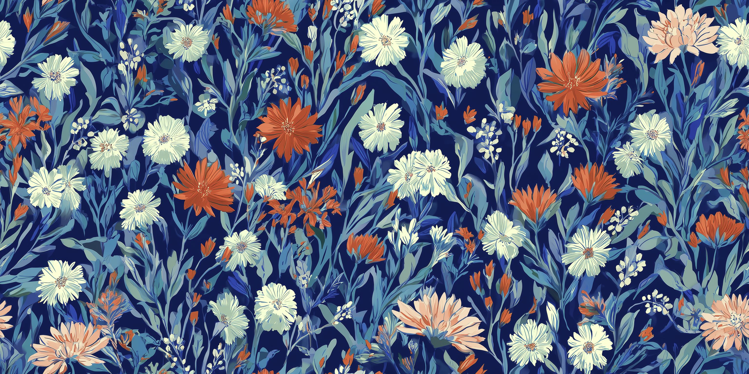 Floral pattern with red, orange, and white flowers on a blue background