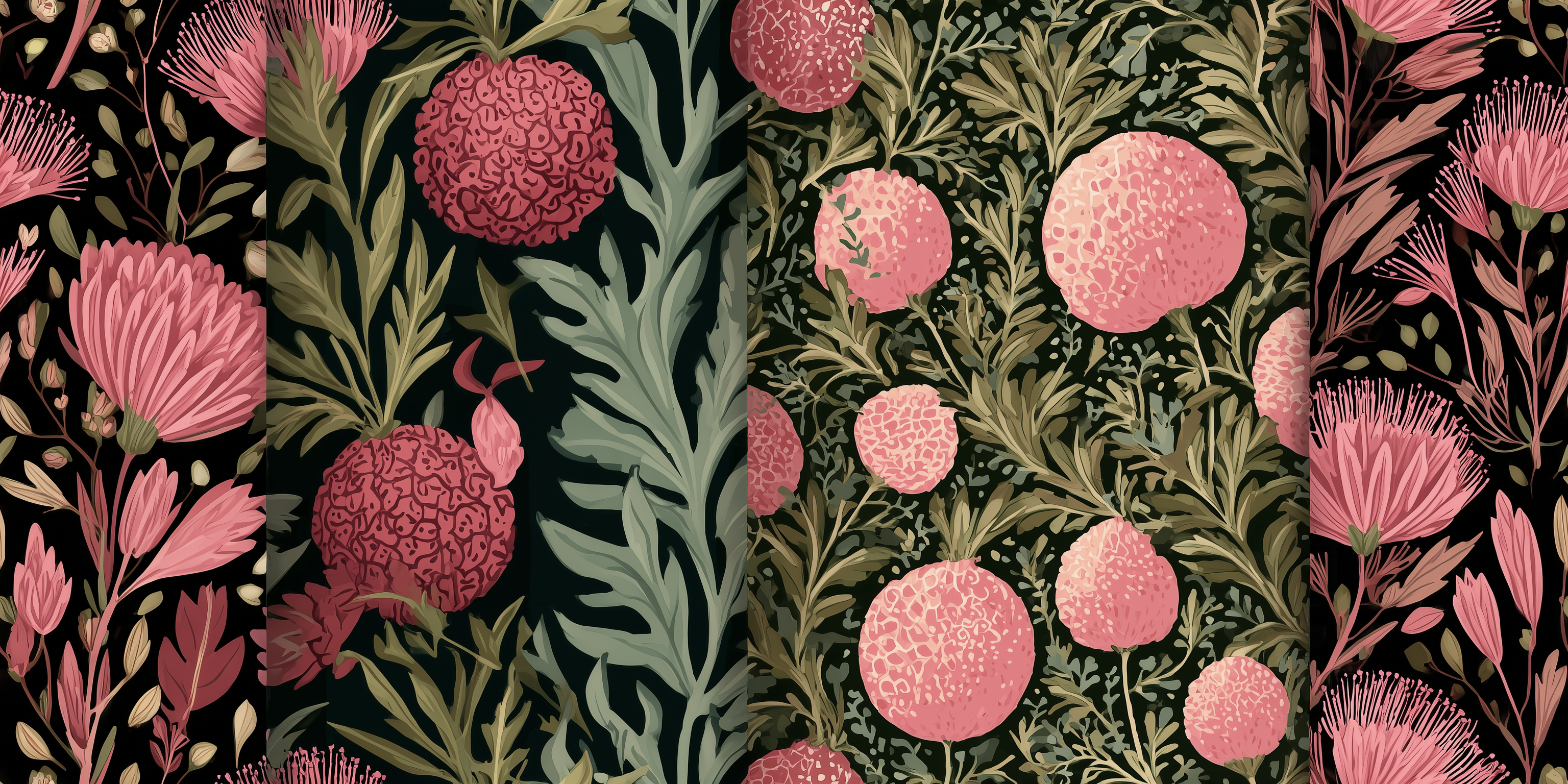 Floral pattern with pink flowers and green leaves on a dark background