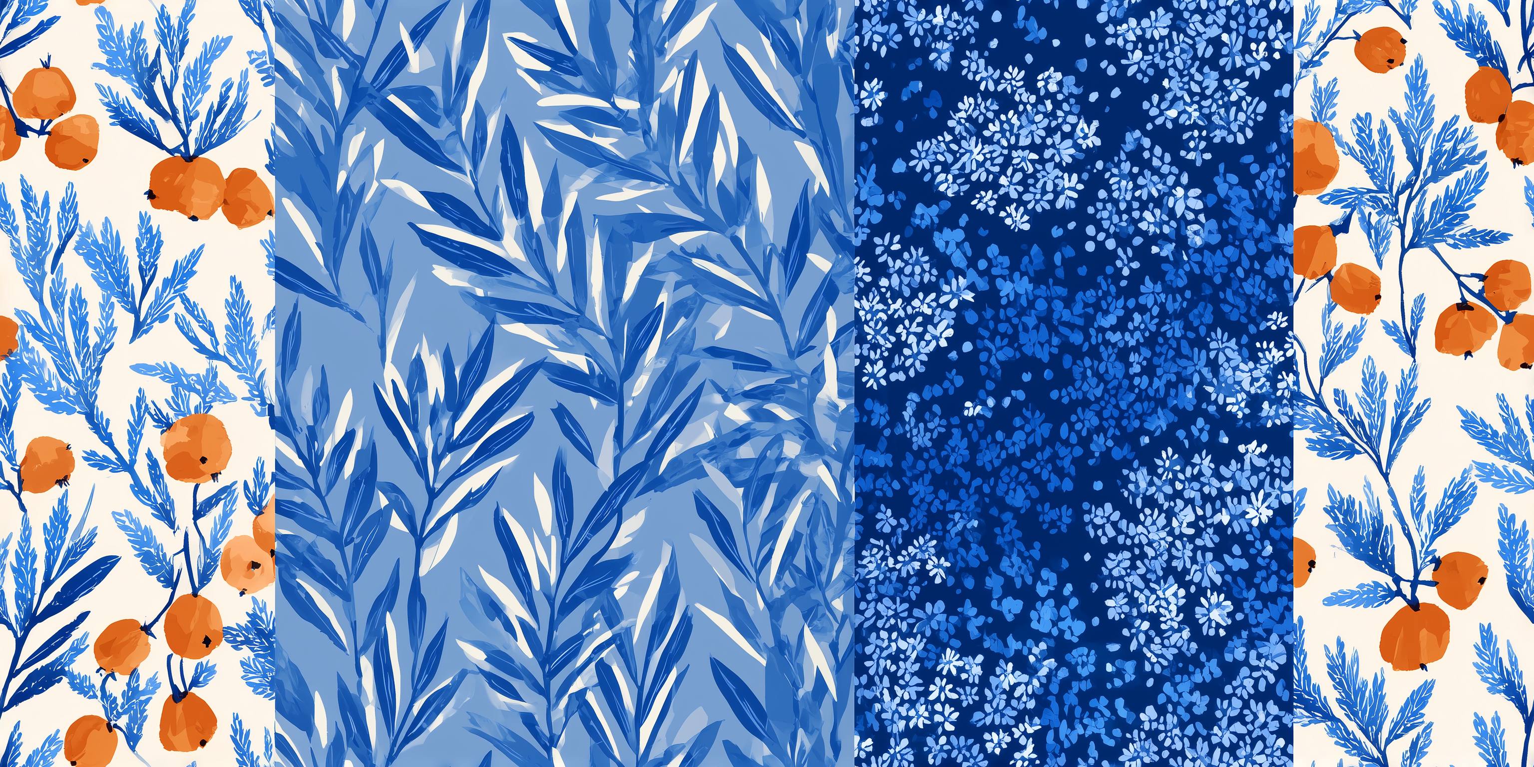 Set of four fabric swatches with blue and orange floral patterns.