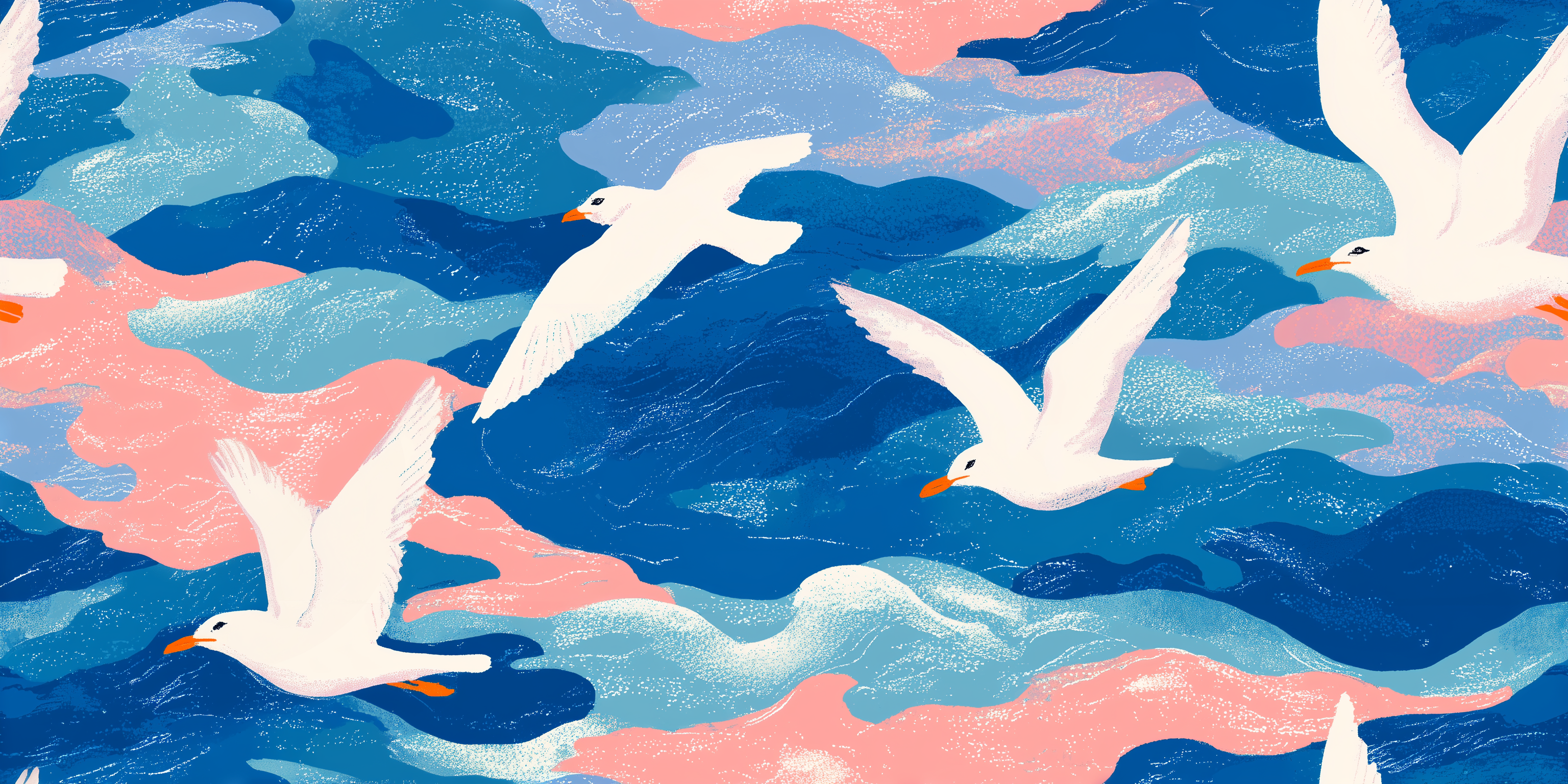 Illustration of seagulls flying over wavy water with blue and pink colors