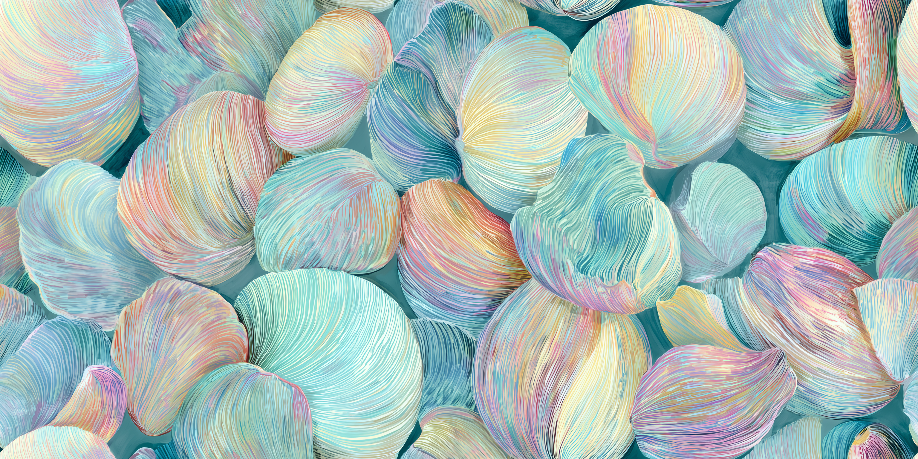 Close-up of colourful shells in pastel shades.