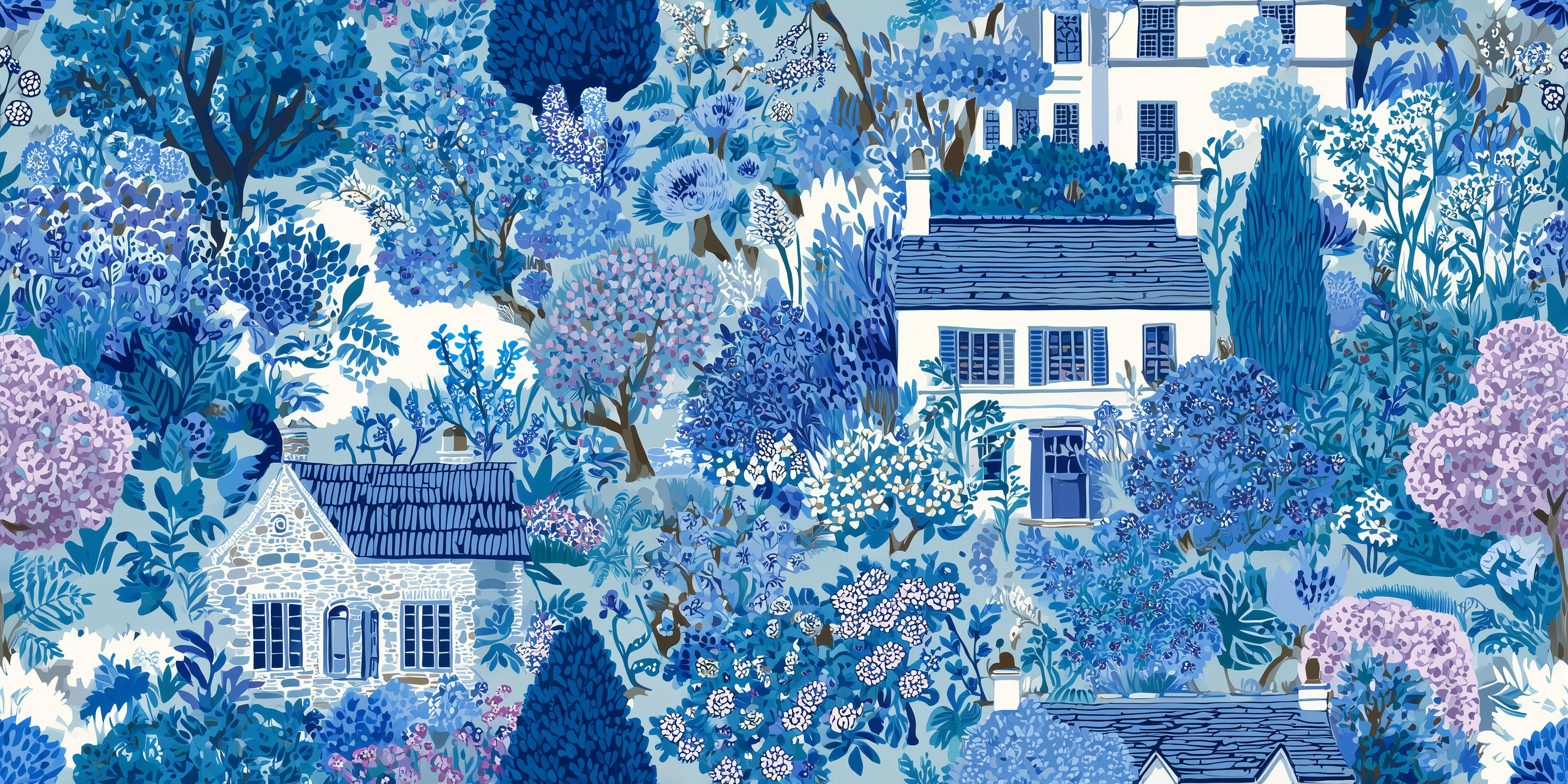 Decorative illustration with a blue floral pattern and houses, resembling a garden scene.