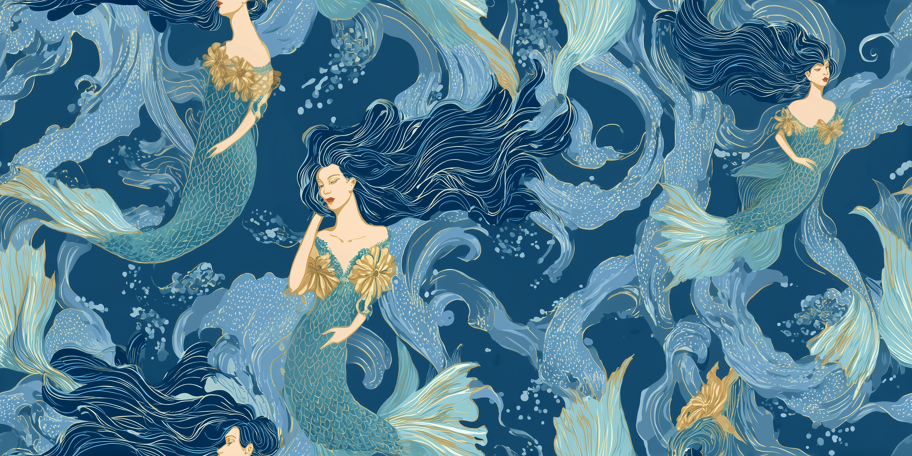 Pattern of mermaids swimming underwater on a blue background