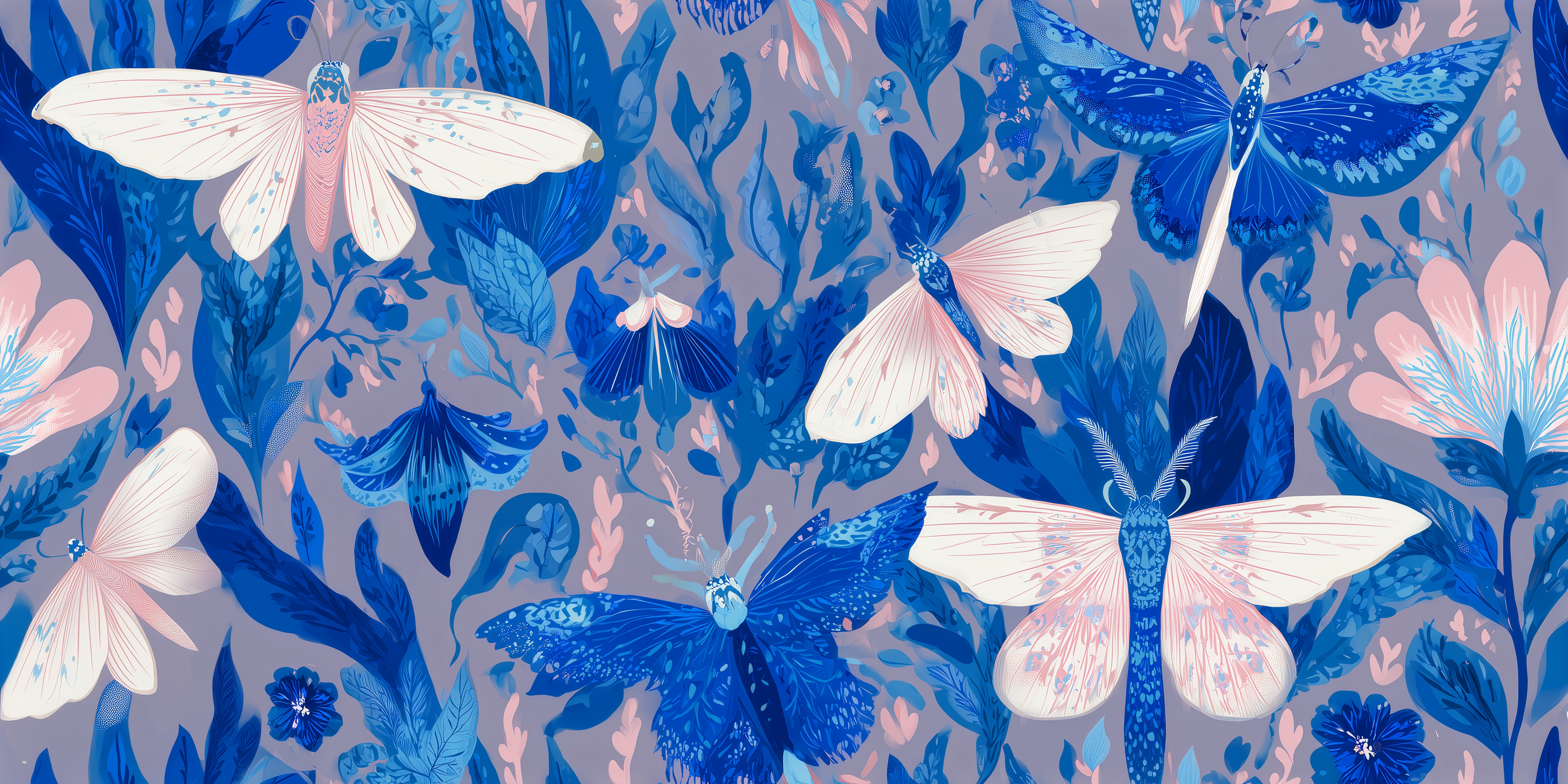 Pattern of blue and white moths on a grey background