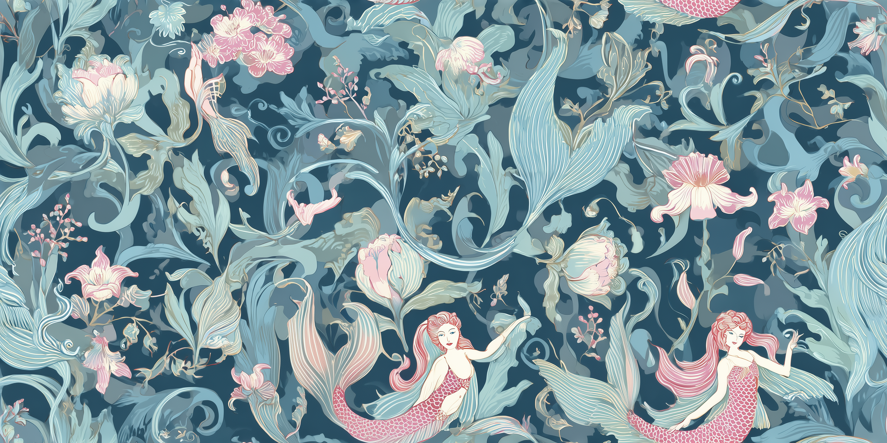 Mermaid and floral pattern on a blue background