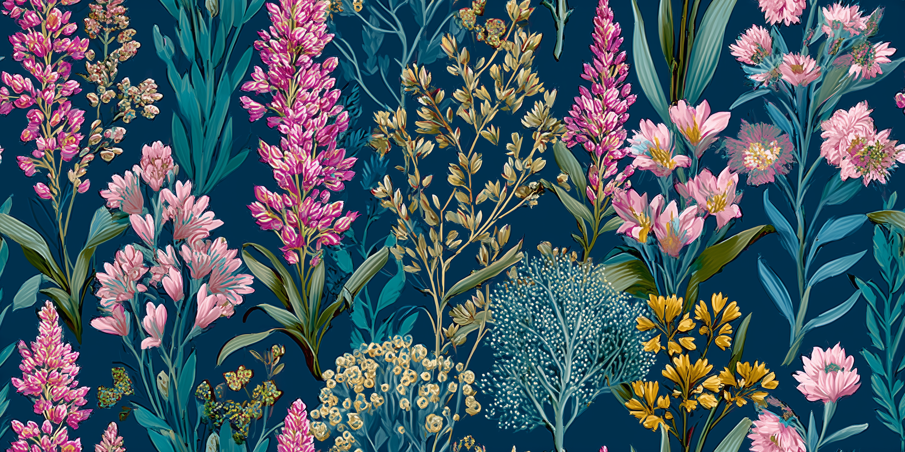 Floral pattern with pink, purple, and yellow flowers on a dark blue background