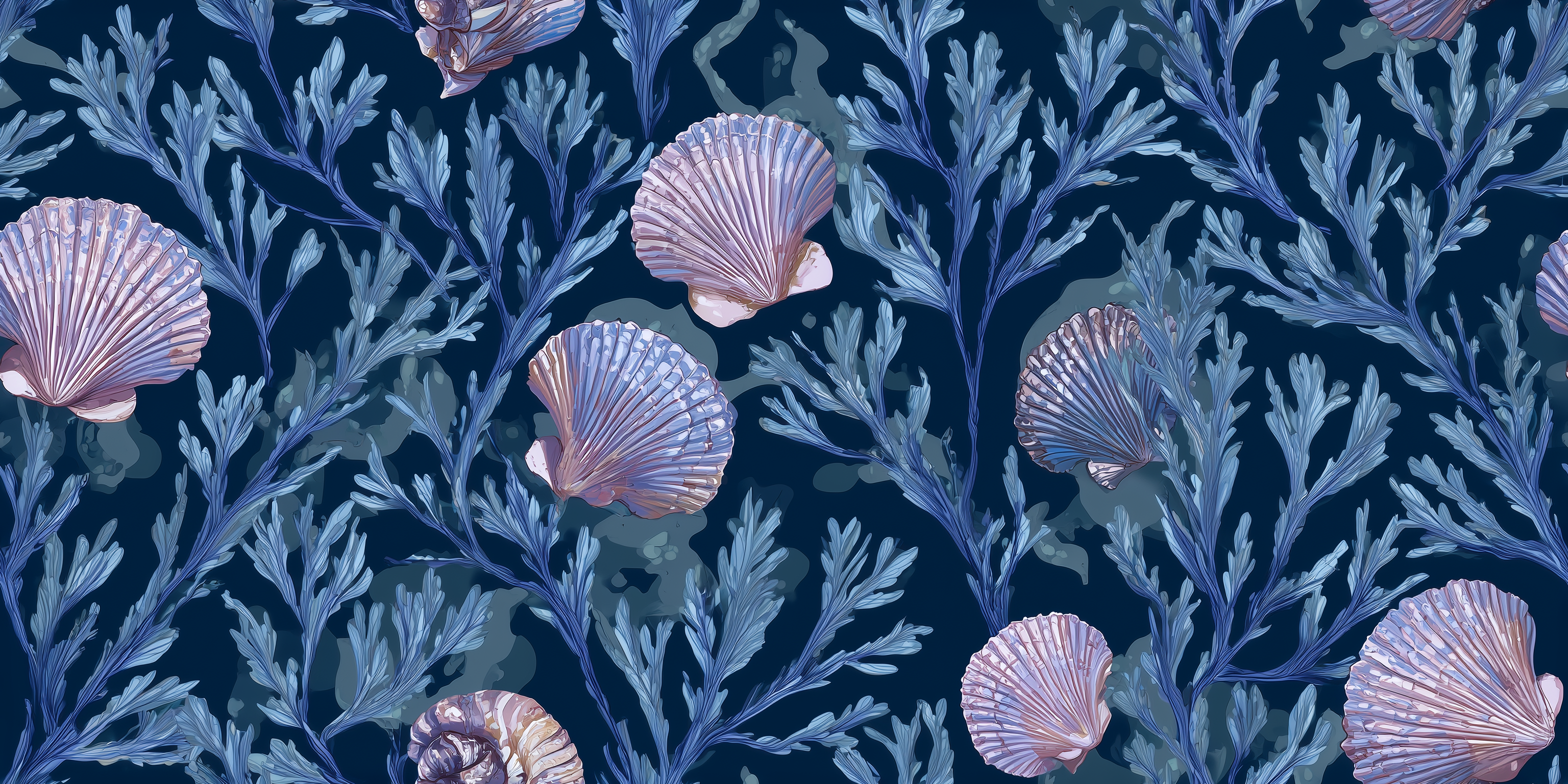Seashells and seaweed pattern on a dark blue background
