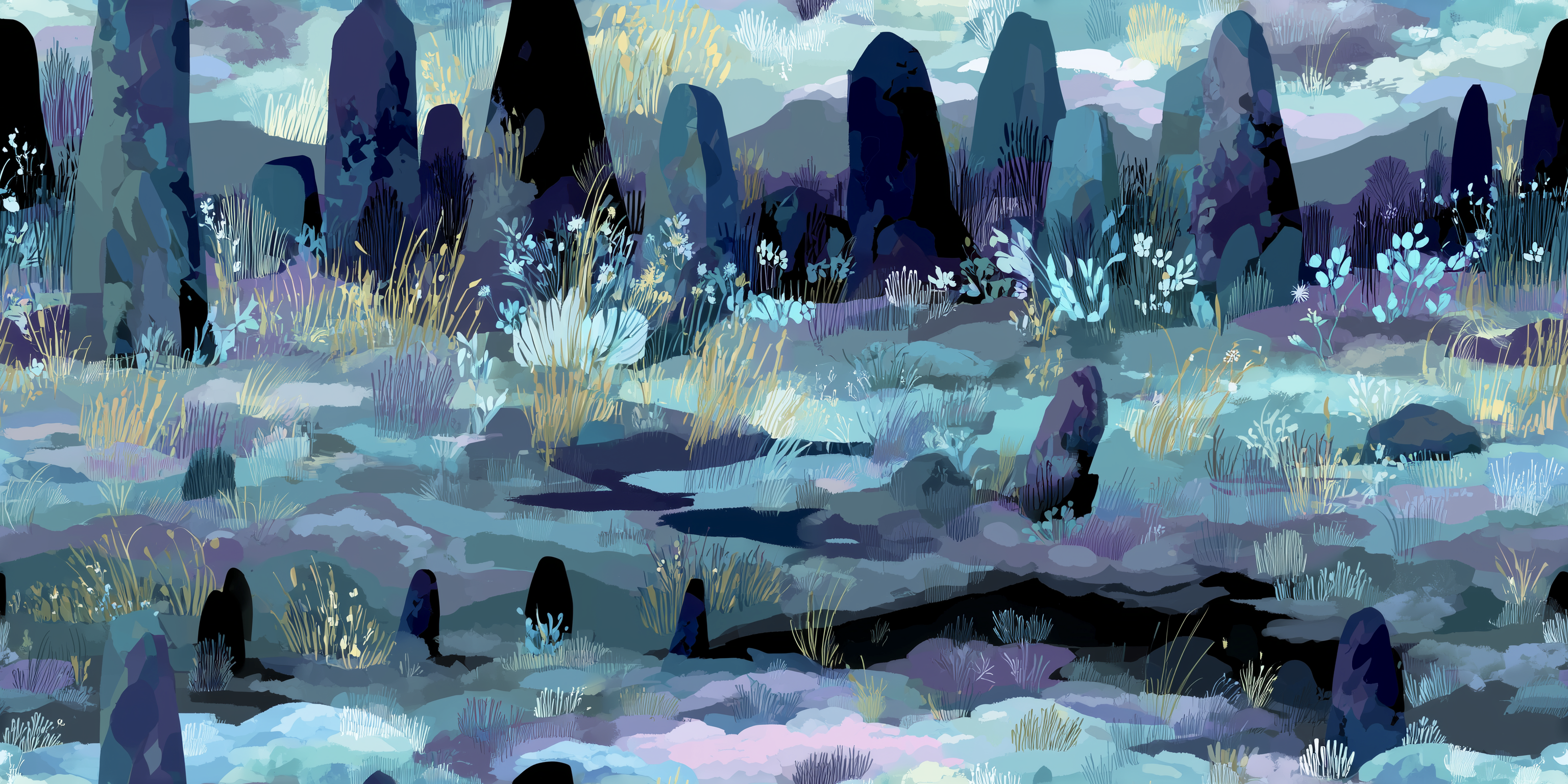 Fantasy landscape with stone circles and plants in a pastel color palette.