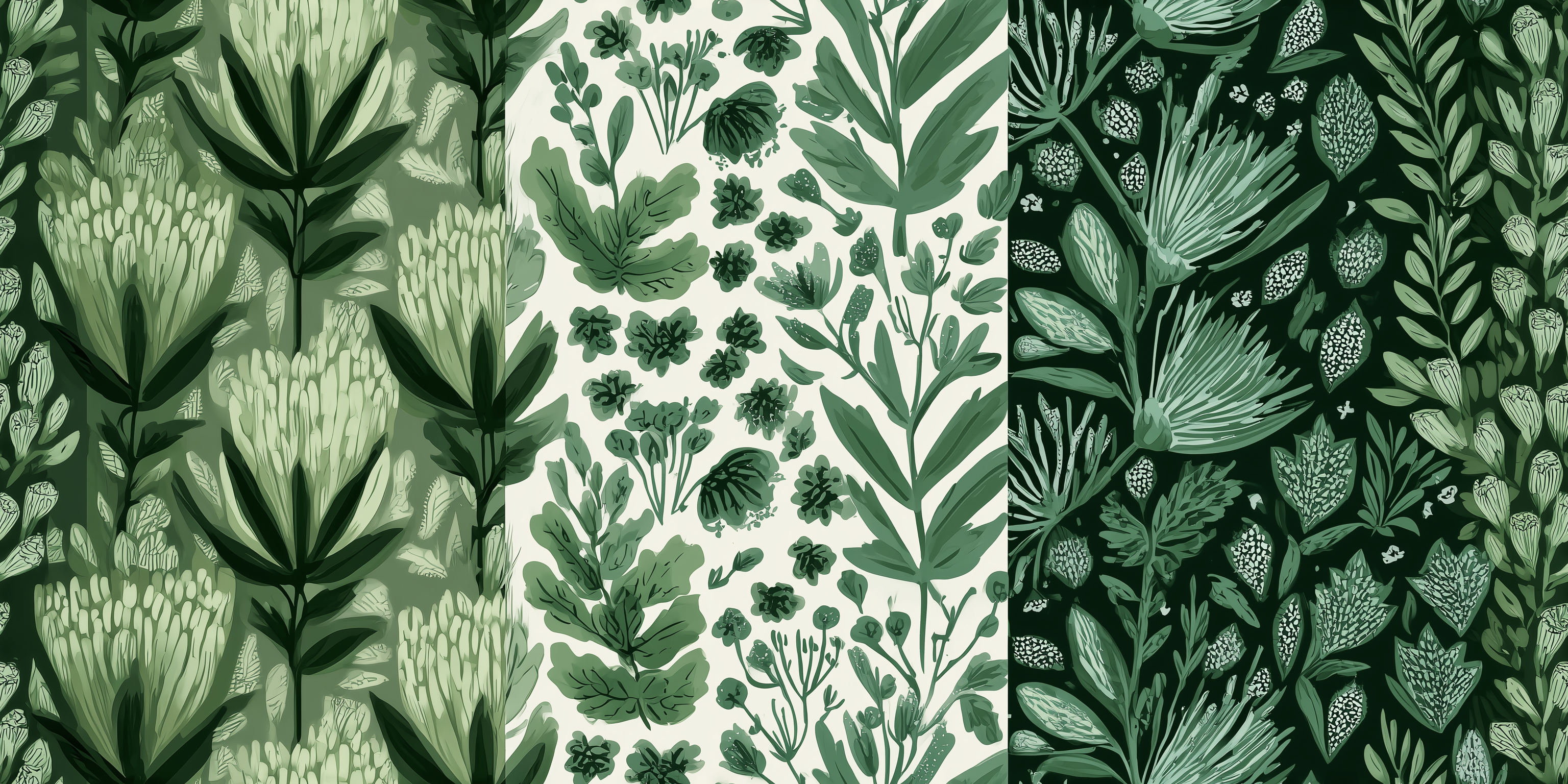 Three different patterns of green foliage on a dark background