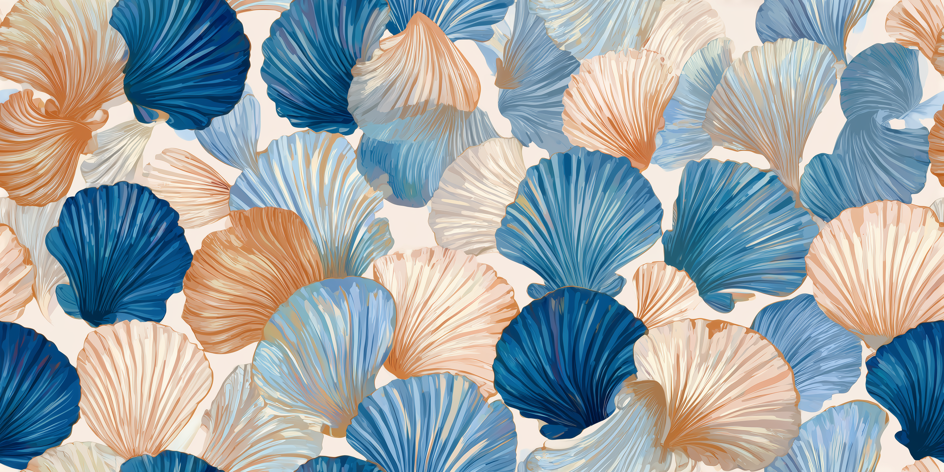 Pattern of blue and beige shell shapes on a light background