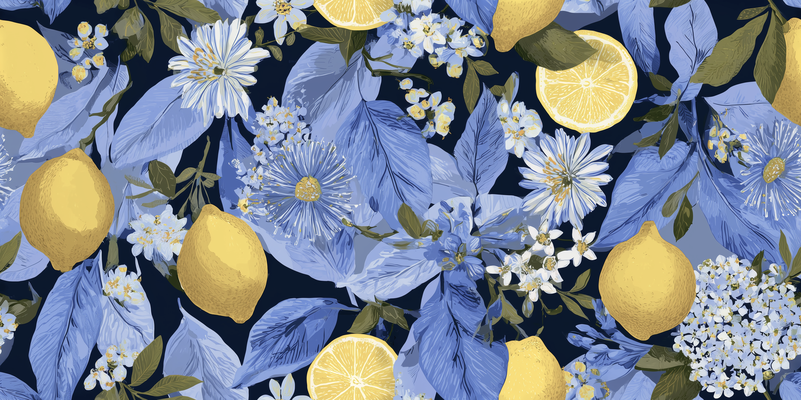 Pattern of lemons and flowers on a dark blue background