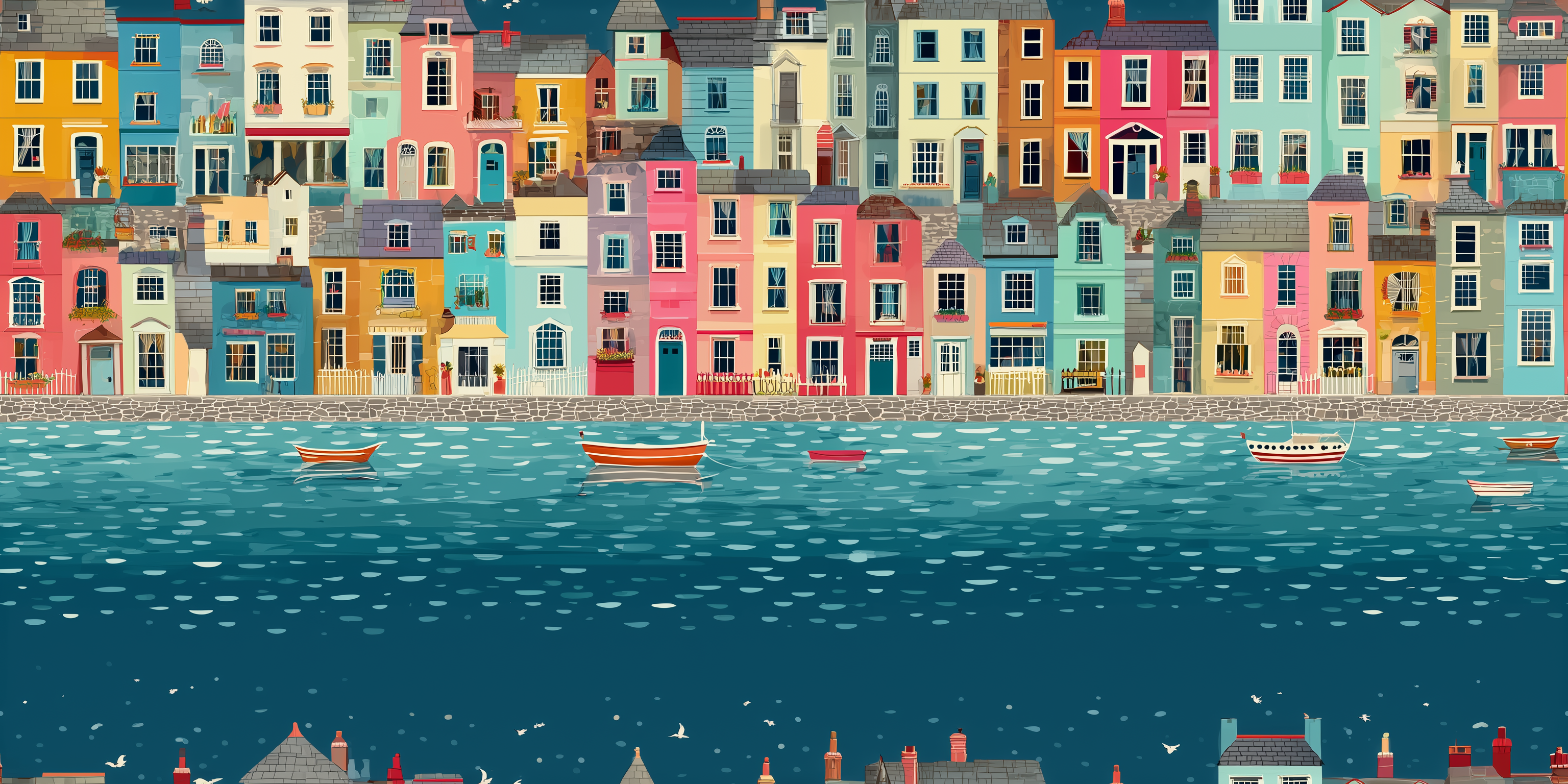 Colorful houses along a waterfront with boats and a clear sky.