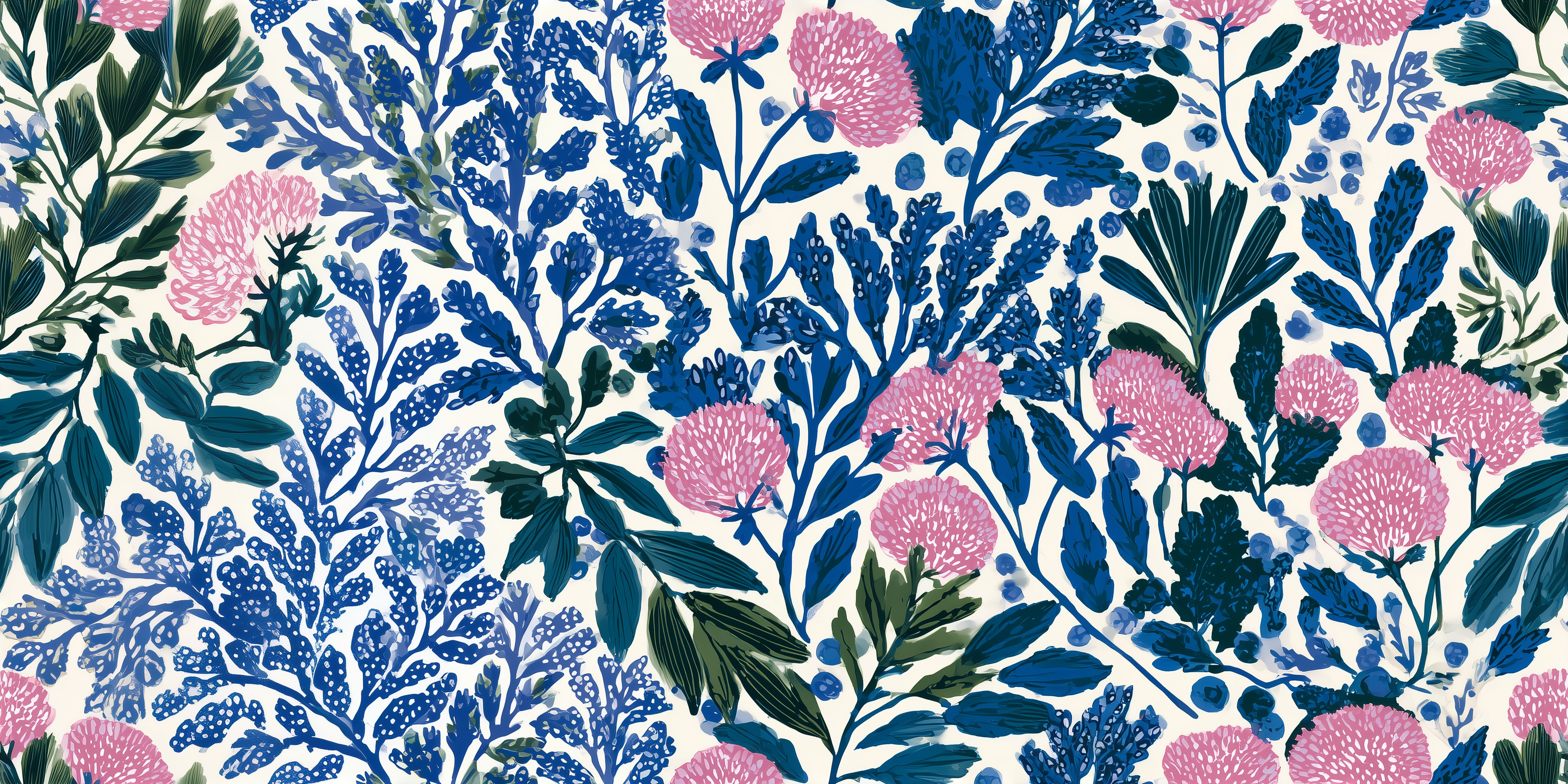 Pattern of blue and pink flowers with green leaves on a white background