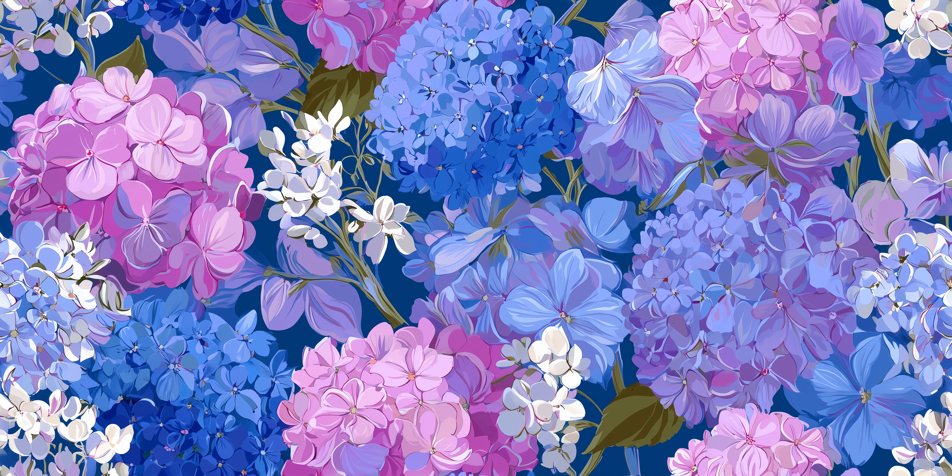 Pattern of blue, pink, and white flowers on a blue background