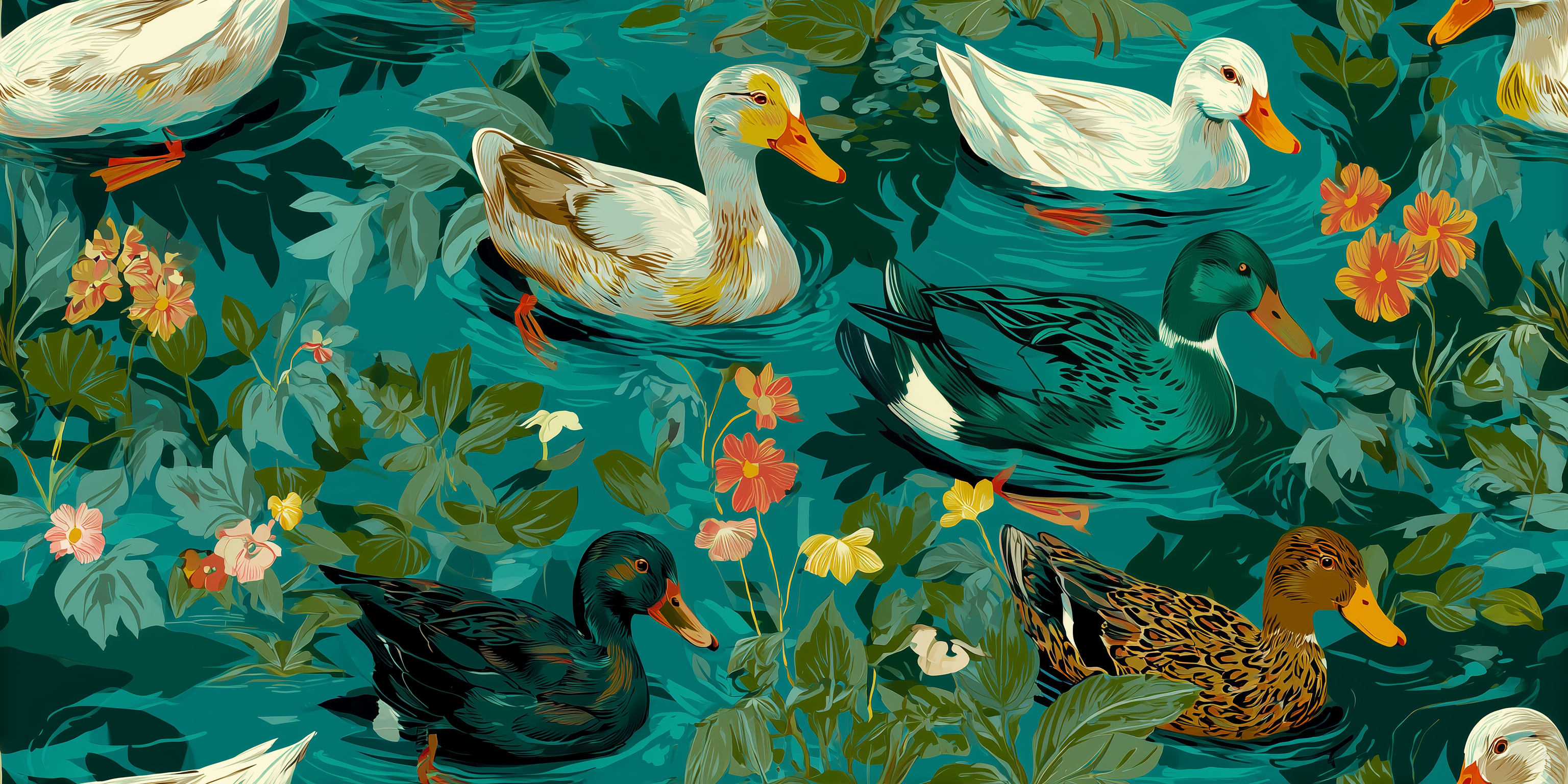 Illustration of ducks and flowers in a pond with a teal background