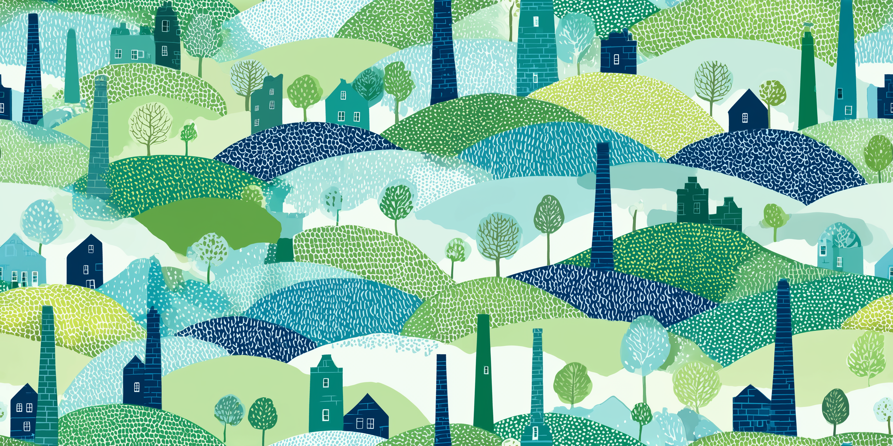 Colourful pattern of Cornish tin mines, trees, and hills in a stylised landscape.