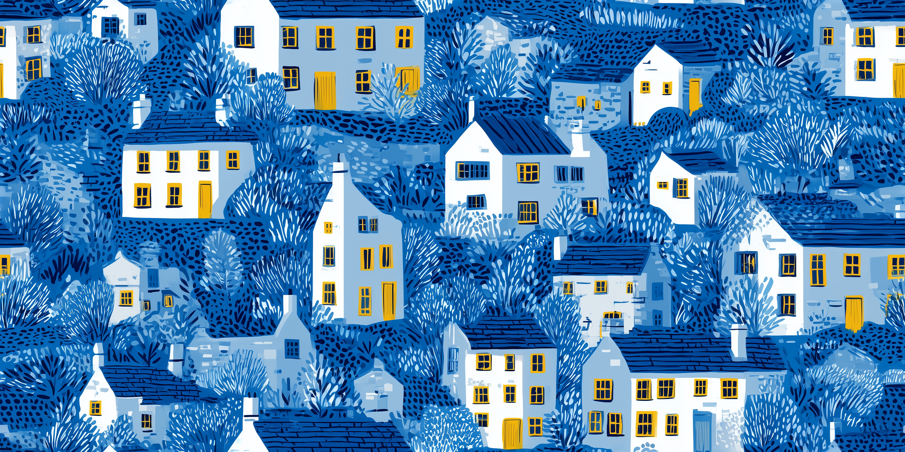 Pattern of small houses with blue and white roofs and yellow doors on a blue background.