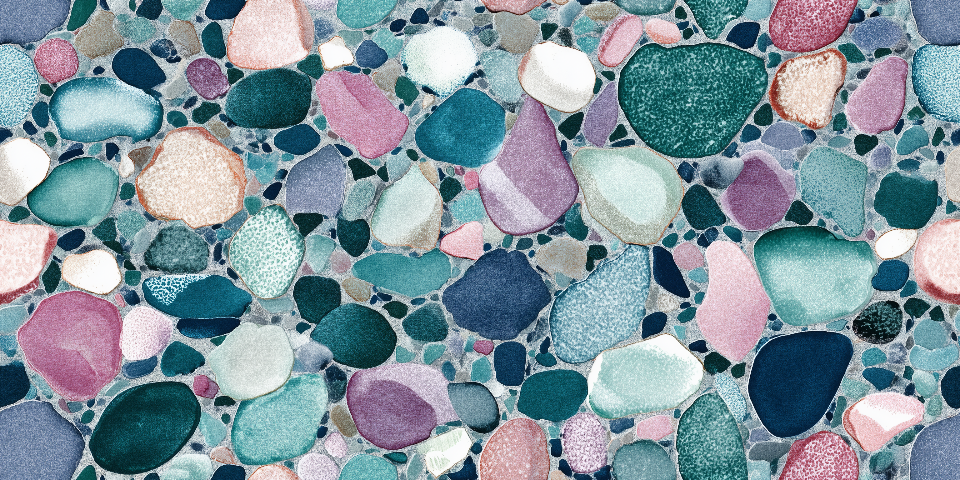 Colourful pebble and sea glass beach pattern with various shades of blue, pink, and green.