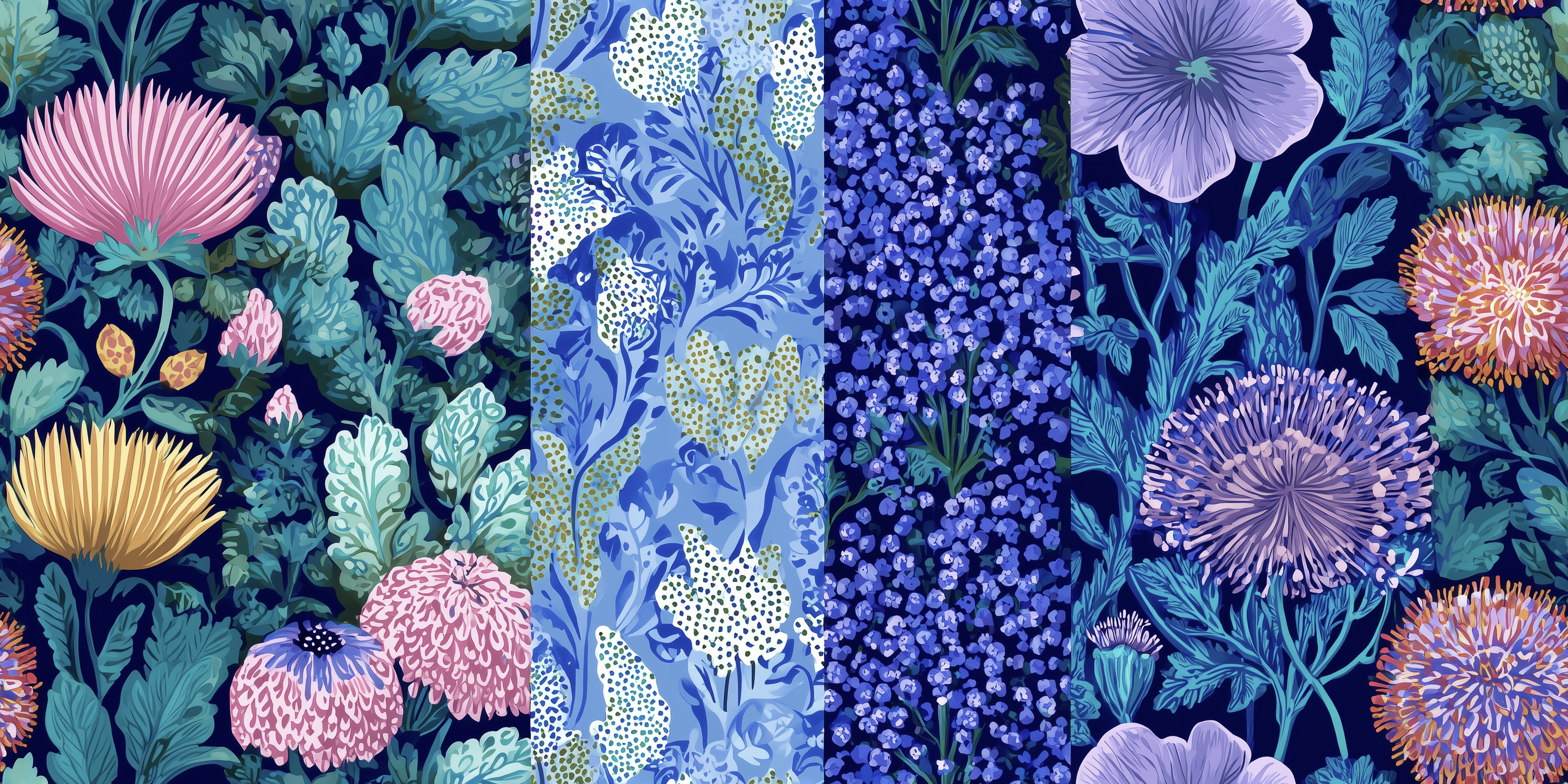 Collage of floral patterns in various colors and styles.