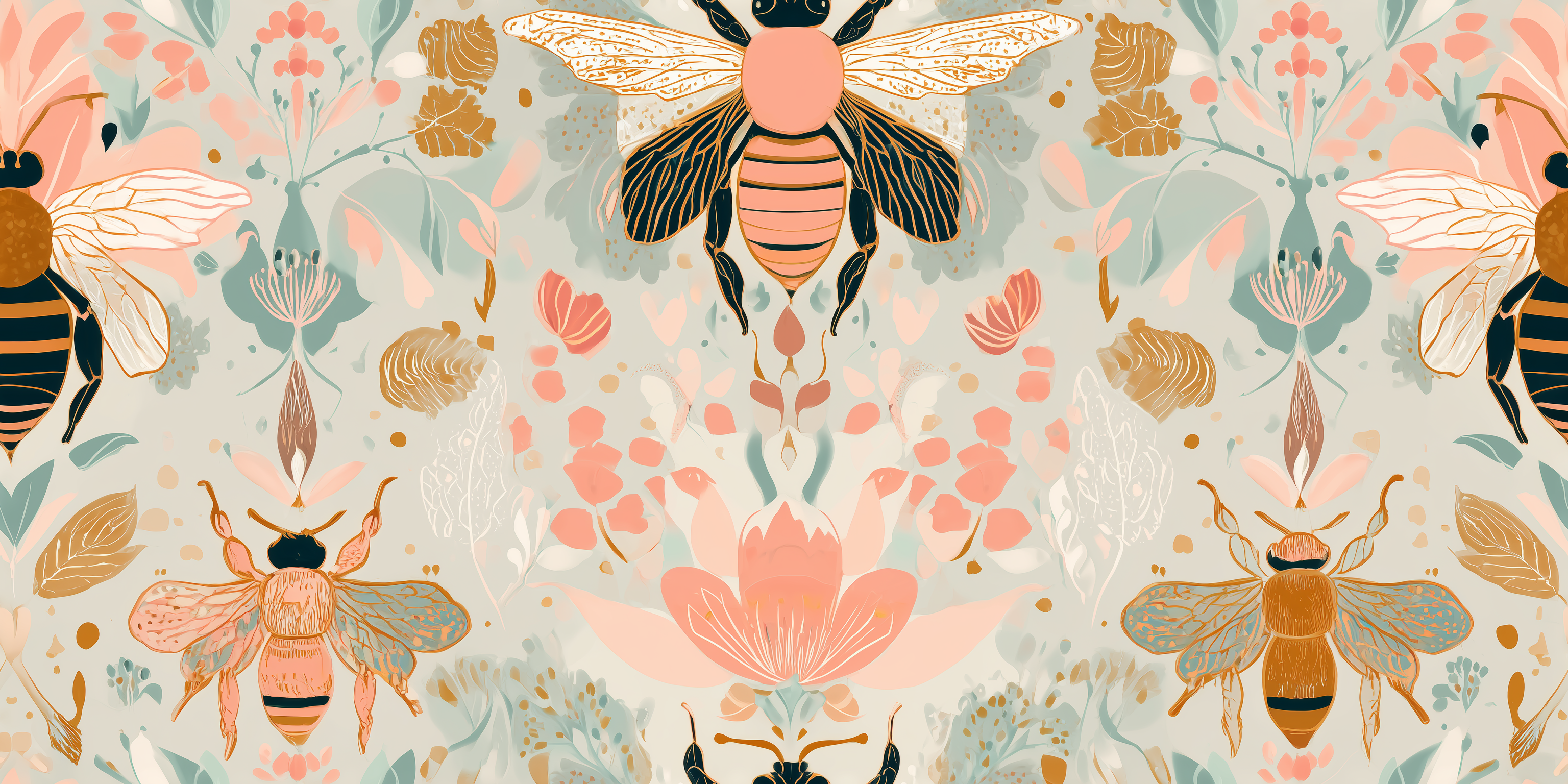 Illustration of bees and flowers on a pale green background.