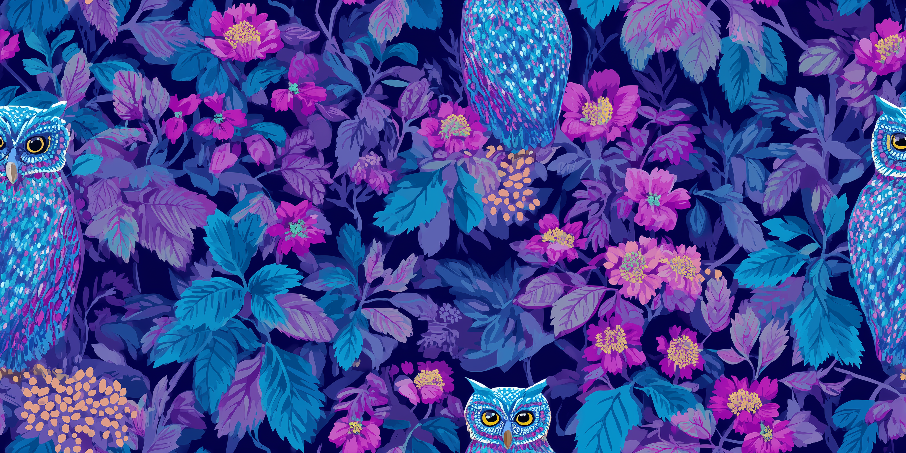Pattern of blue owls and pink flowers on a dark background