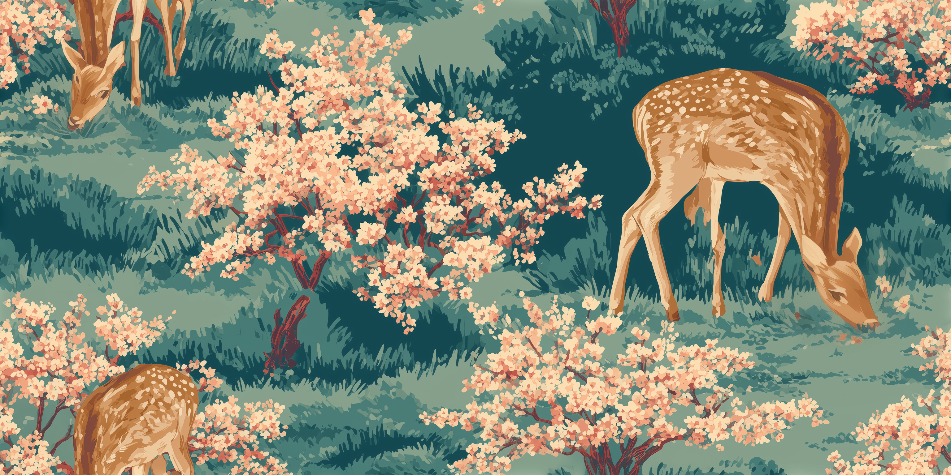Deer in a forest with cherry blossoms