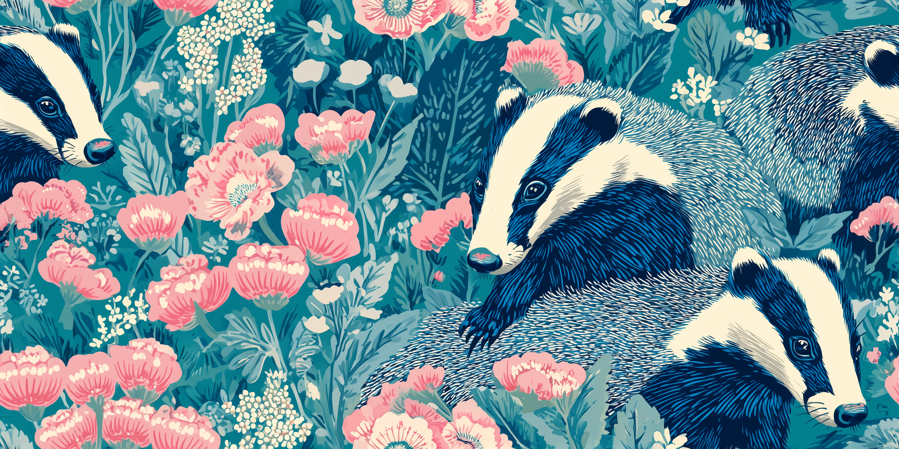 Illustration of badgers and flowers with a blue and pink color scheme.