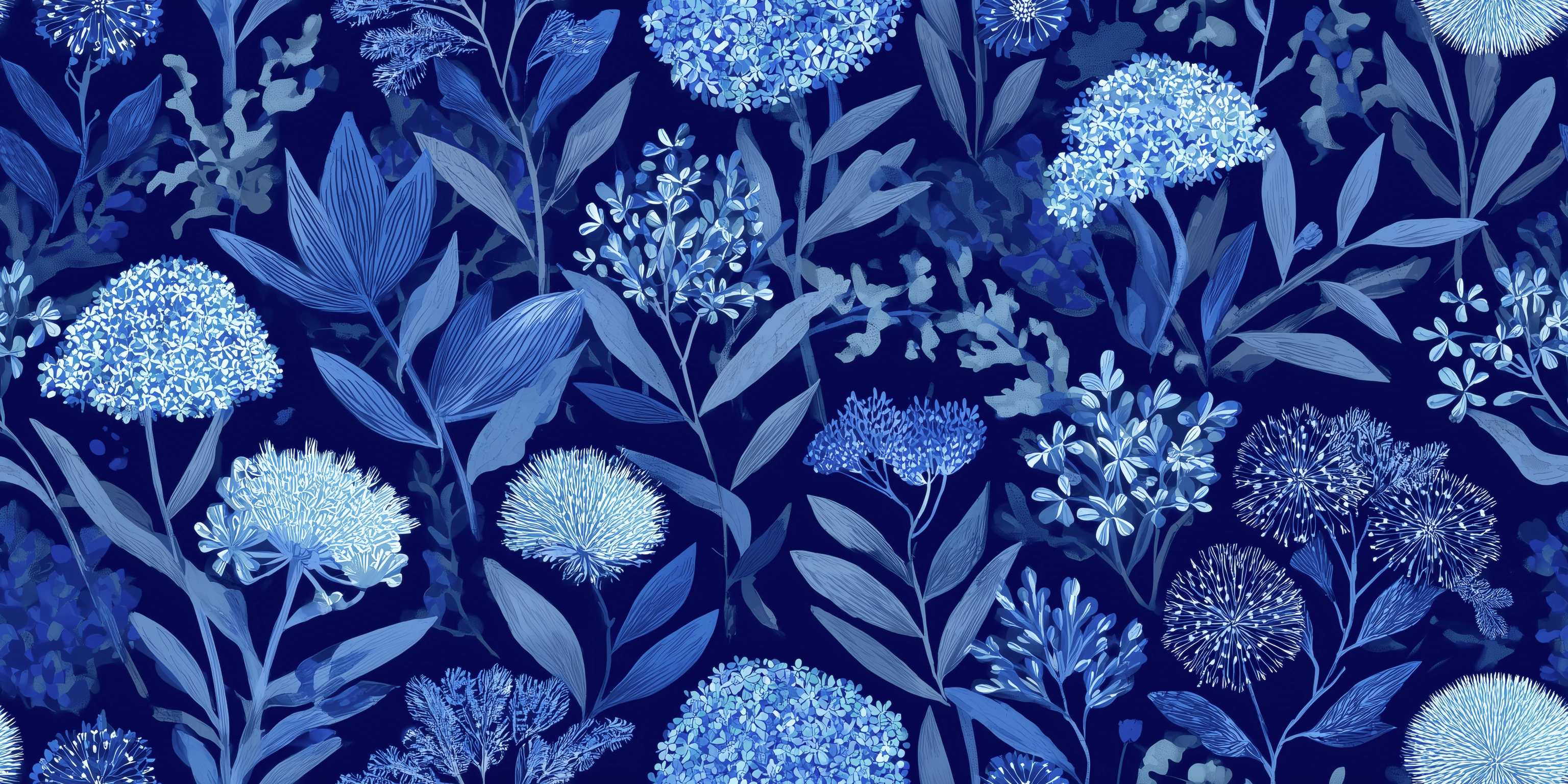 Pattern of blue flowers and leaves on a dark blue background