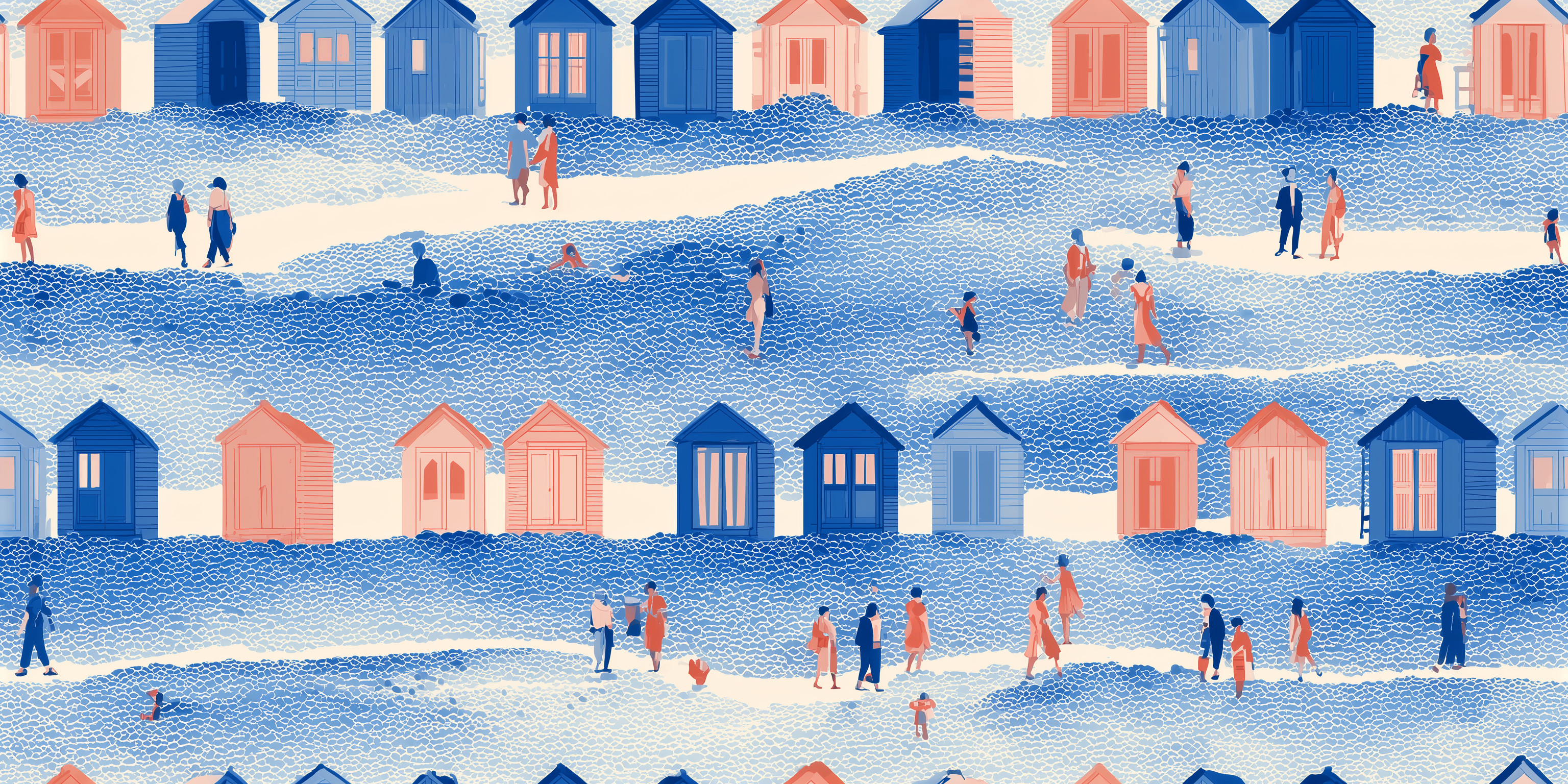 Illustration of a beach scene with colorful huts and people enjoying the sun.