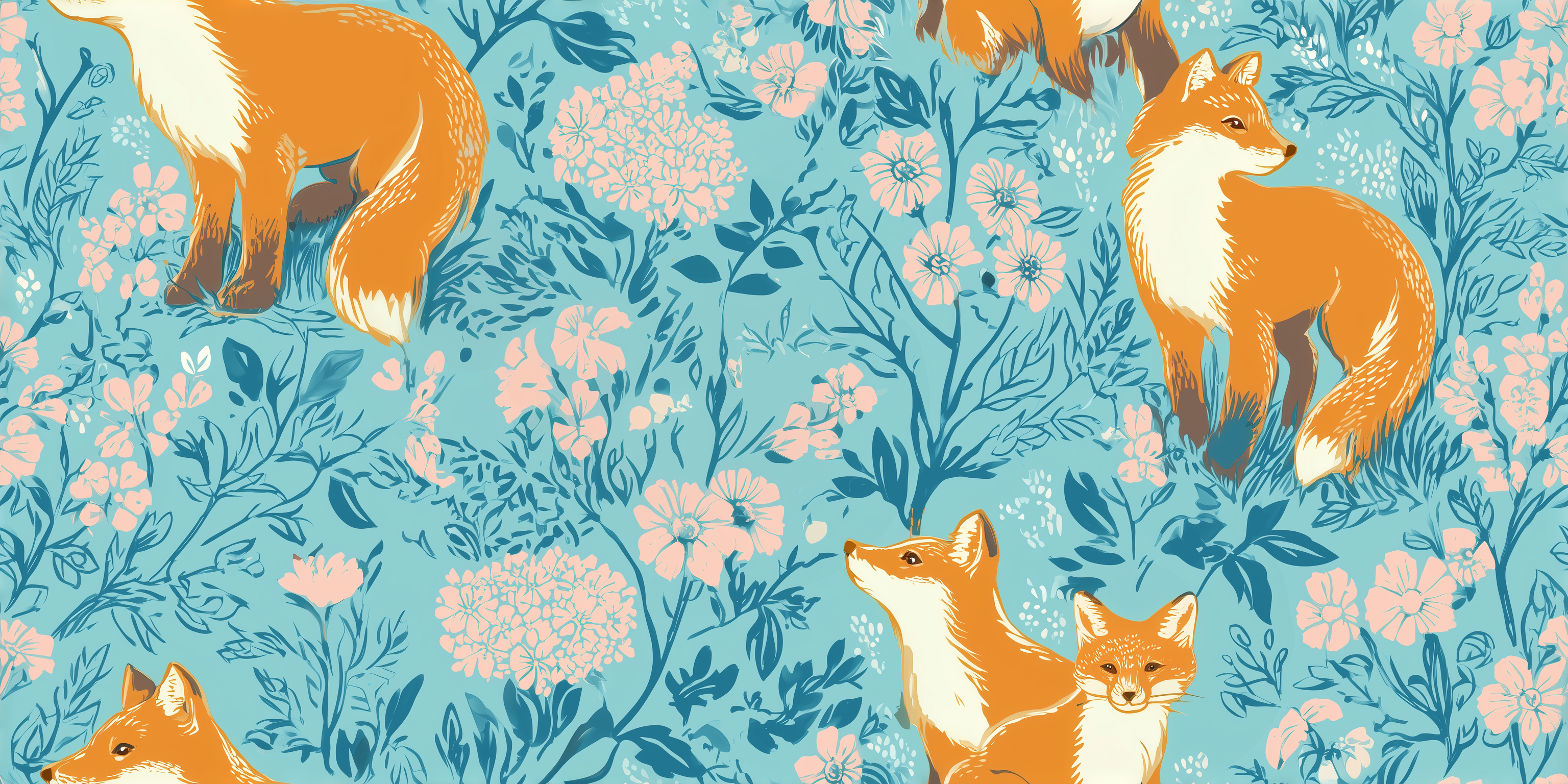 Pattern of foxes and flowers on a blue background