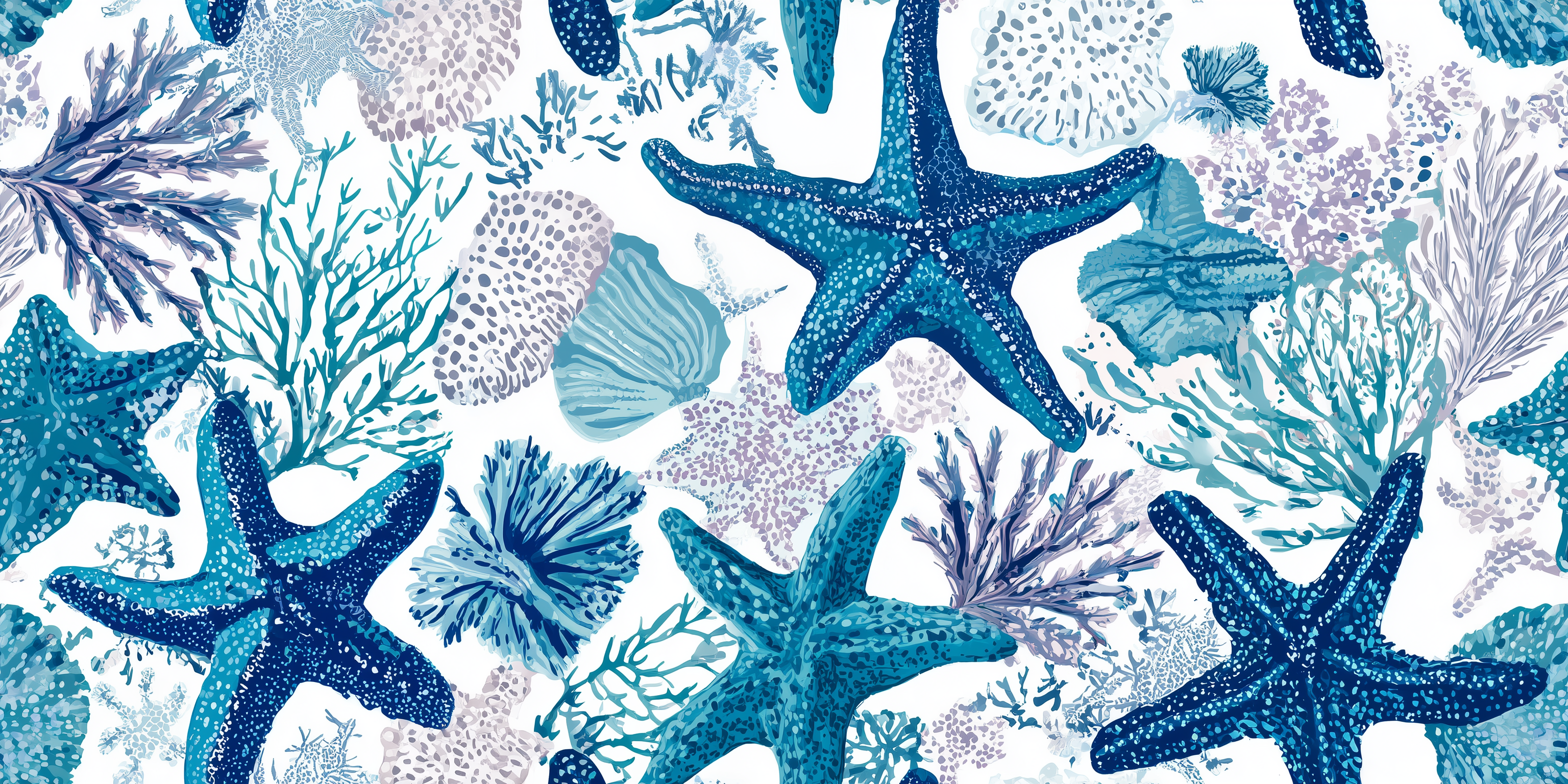 Pattern of blue starfish and sea creatures on a white background