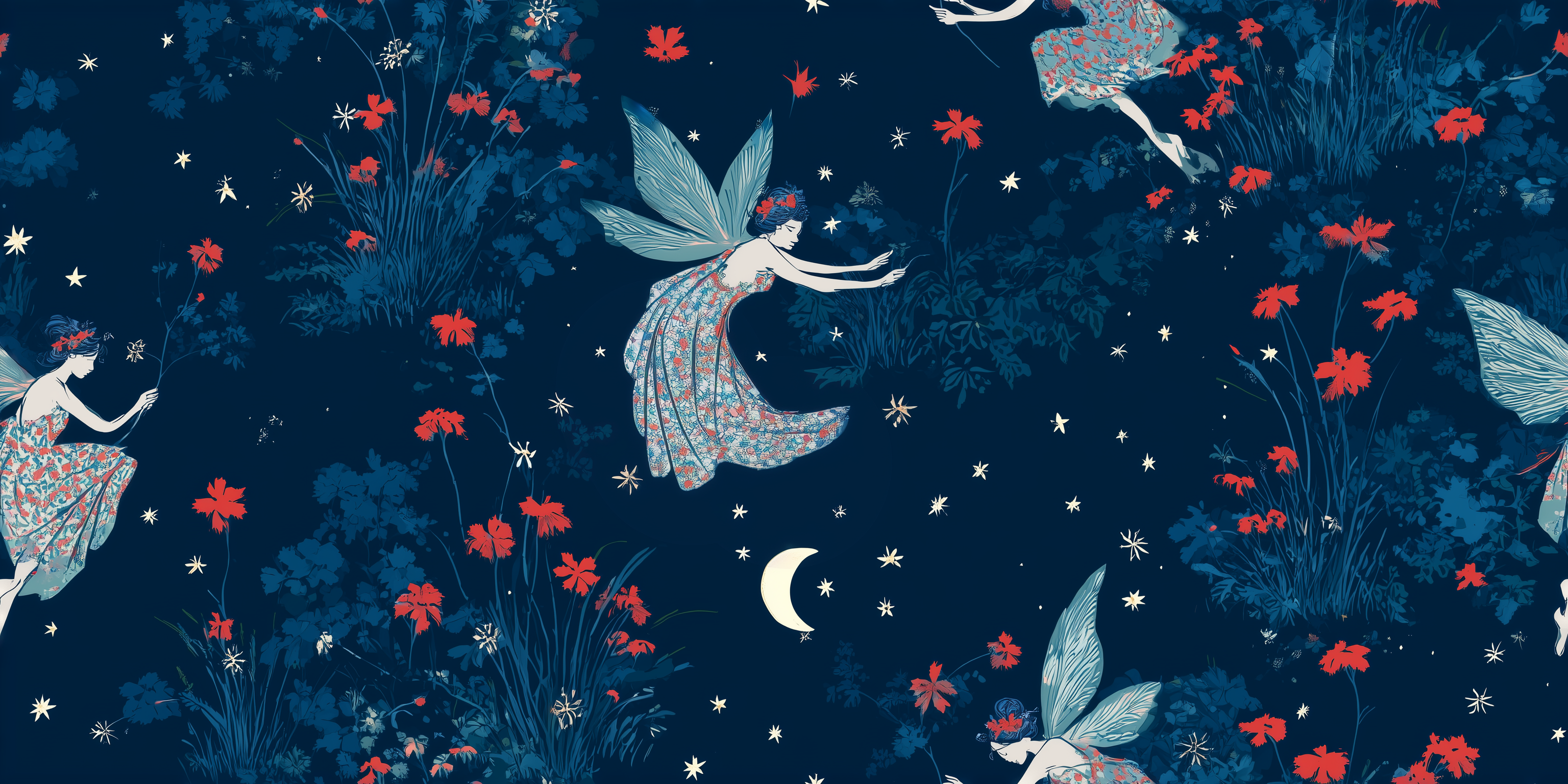 Fairy pattern with fairies, flowers, and a moon on a dark blue night sky background