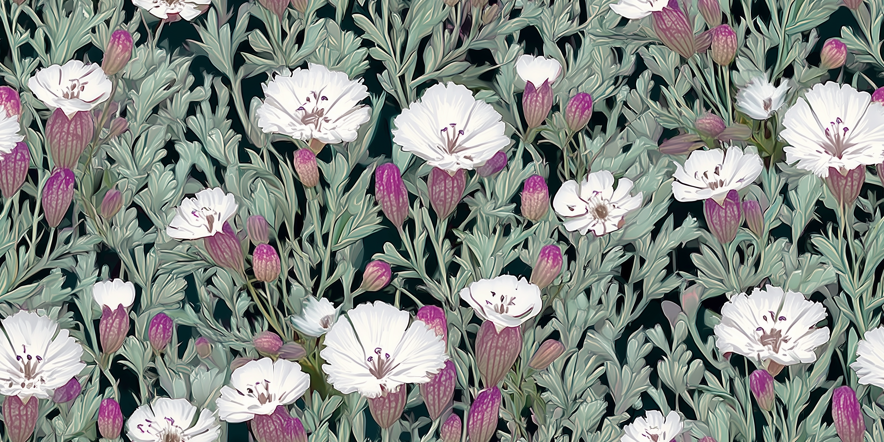 Pattern of white flowers with green leaves on a black background
