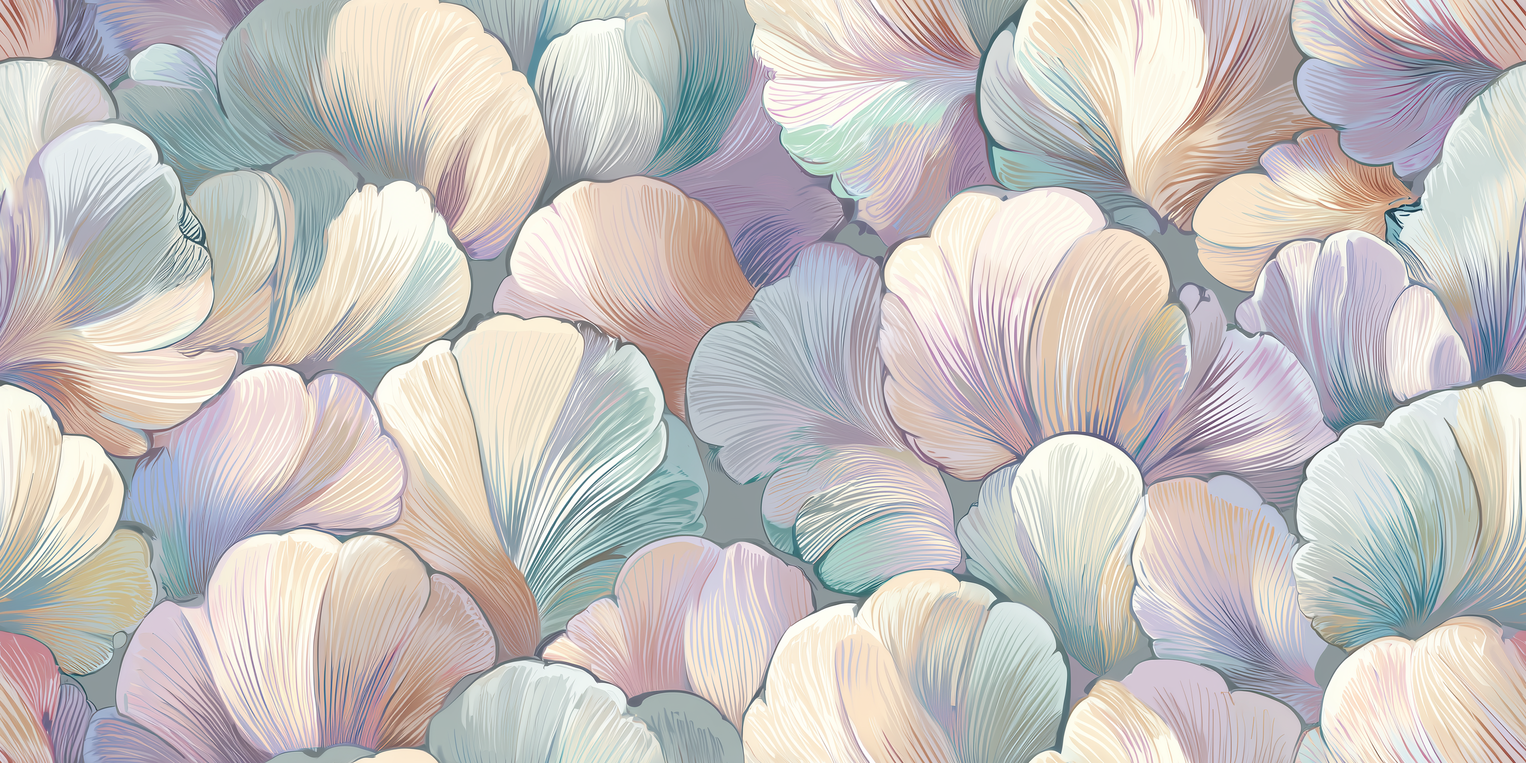 Pattern of pastel-colored seashells on a light blue background