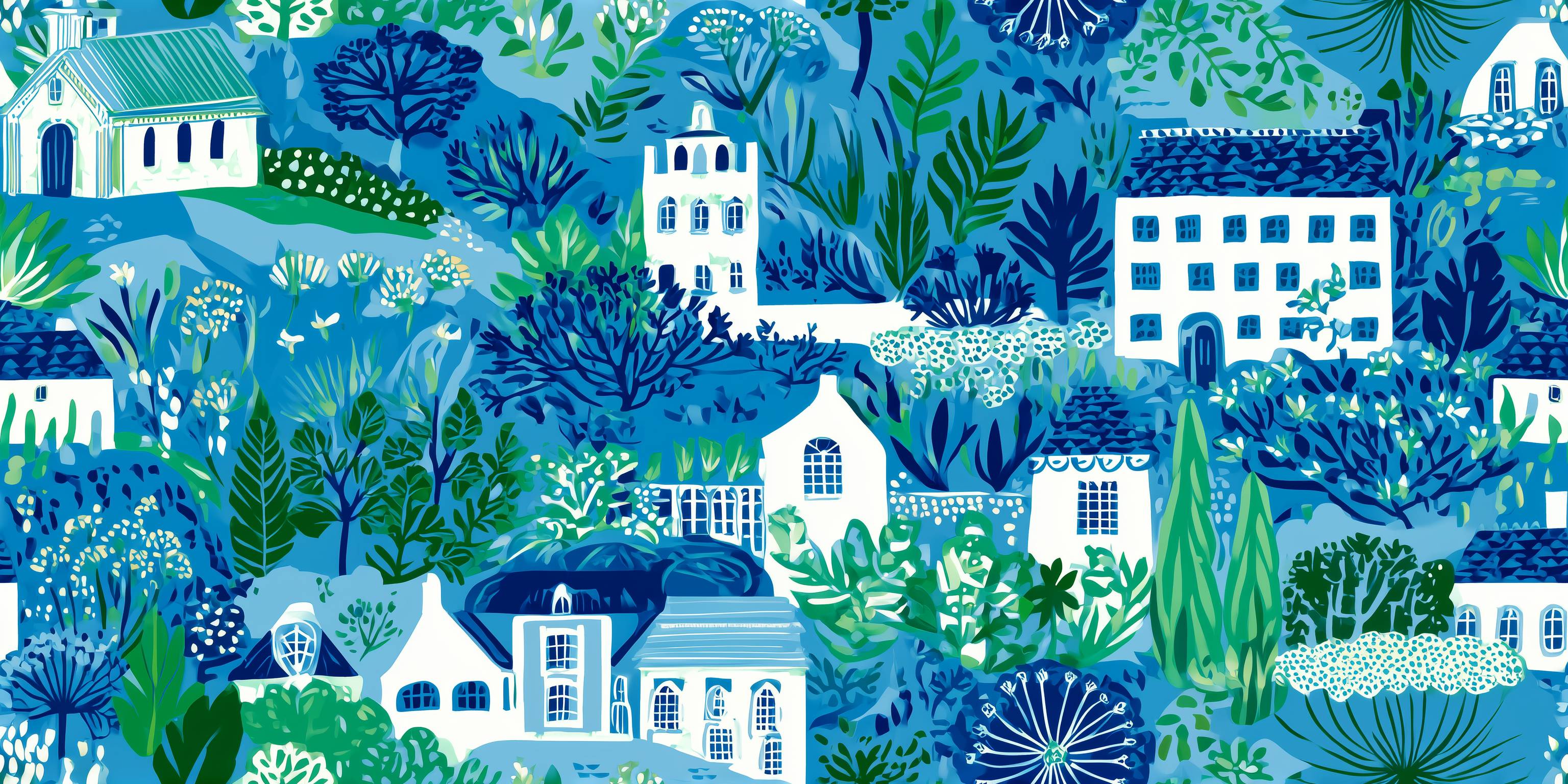 Pattern with blue and green houses and plants