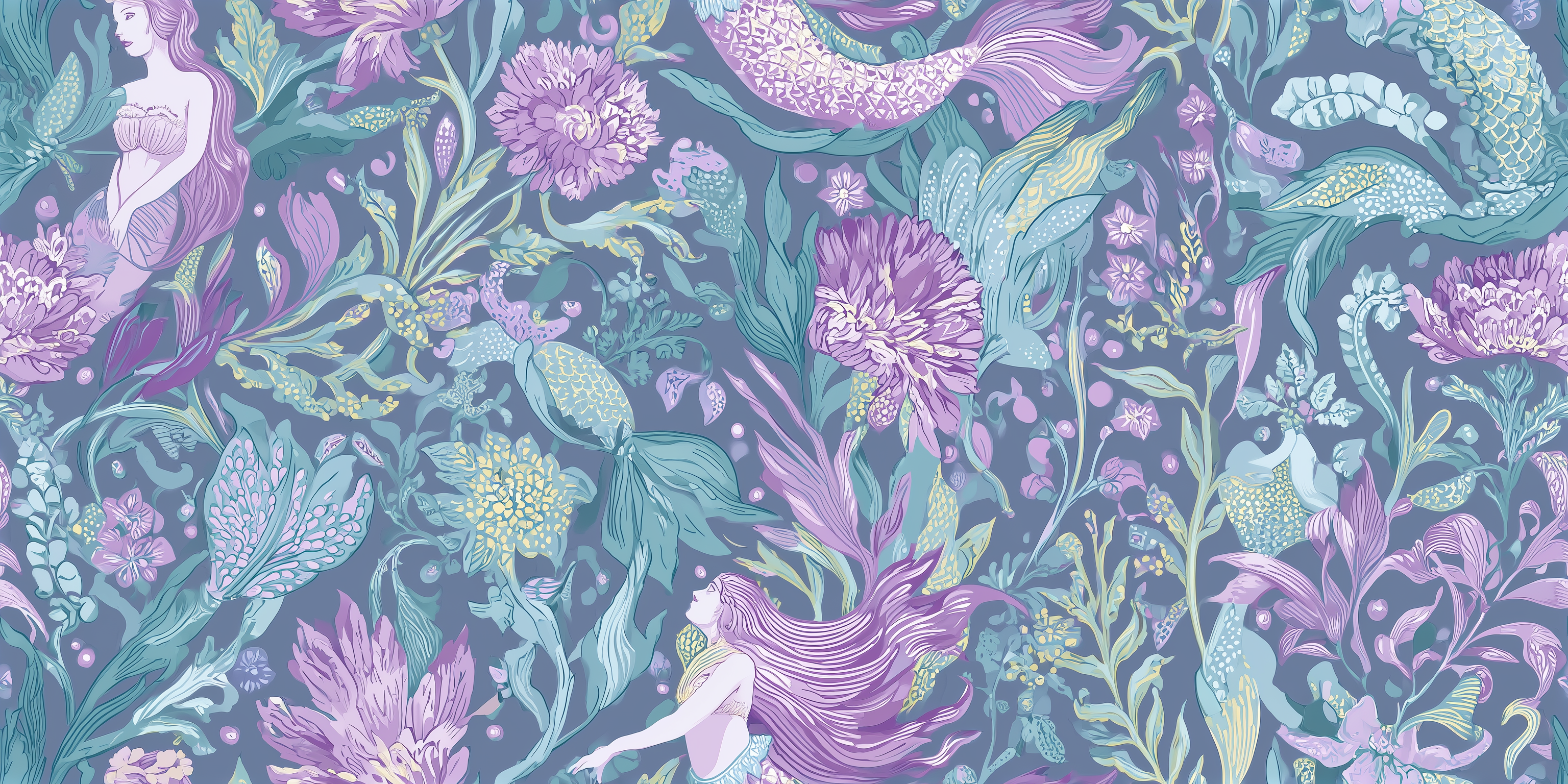 Pattern of mermaids and foliage on a blue background