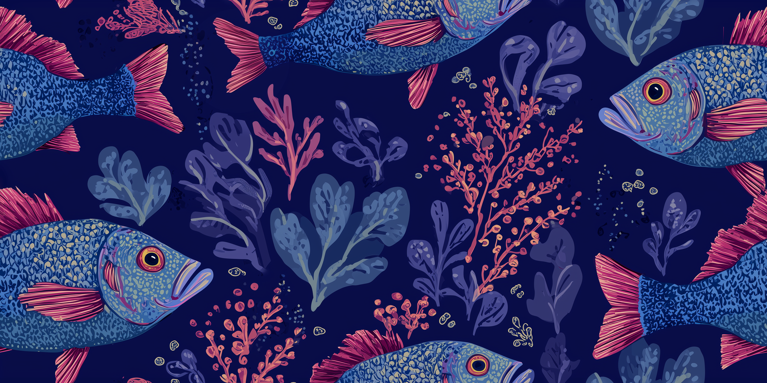 Colorful fish and underwater plants on a dark blue background