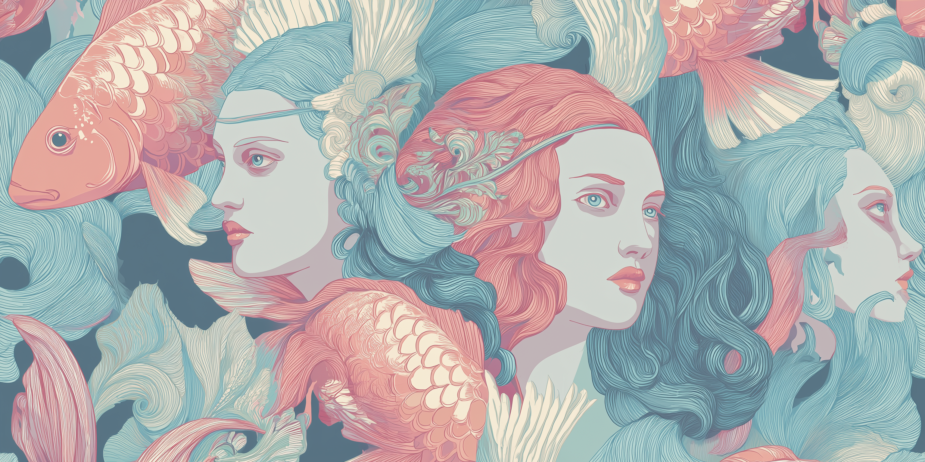 Artistic illustration of women with fish tails and colorful hair patterns.